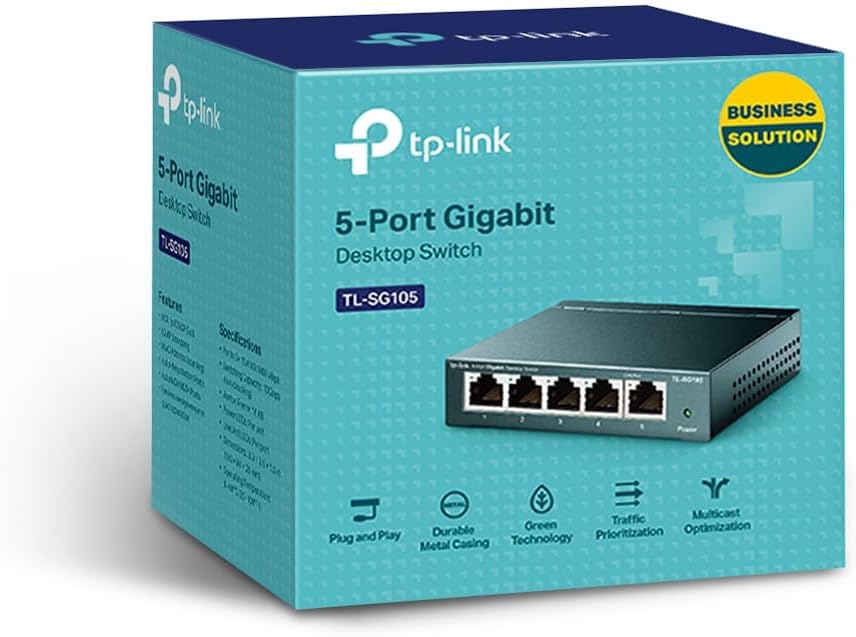 TP-Link TL-SG105, 5 Port Gigabit Unmanaged Ethernet Switch, Network Hub, Ethernet Splitter, Plug & Play, Fanless Metal Design, Shielded Ports, Traffic Optimization,Navy Blue