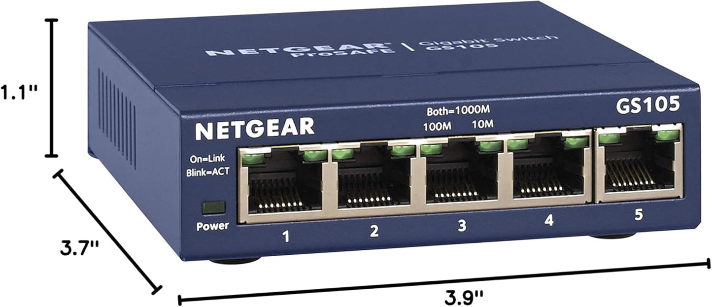 NETGEAR 5-Port Gigabit Ethernet Unmanaged Switch (GS105NA) - Desktop or Wall Mount, and Limited Lifetime Protection Gray