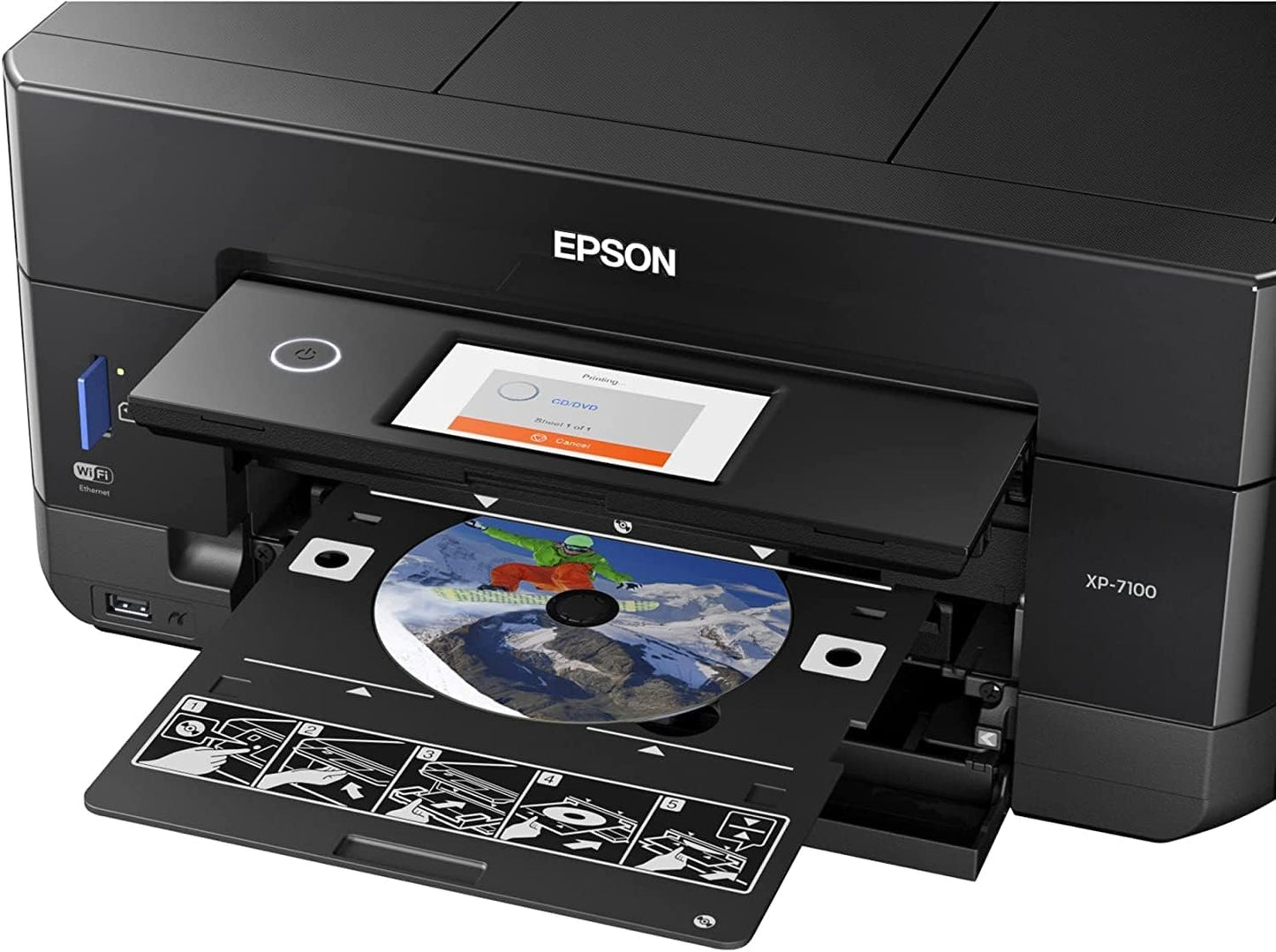 Epson Expression Premium XP-7100 All-in-One Color Inkjet Printer, Black - Print Scan Copy - 15 ppm, 5760 x 1440 dpi, Auto 2-Sided Printing, 30-Page ADF, Card Slot, Printable CD/DVD