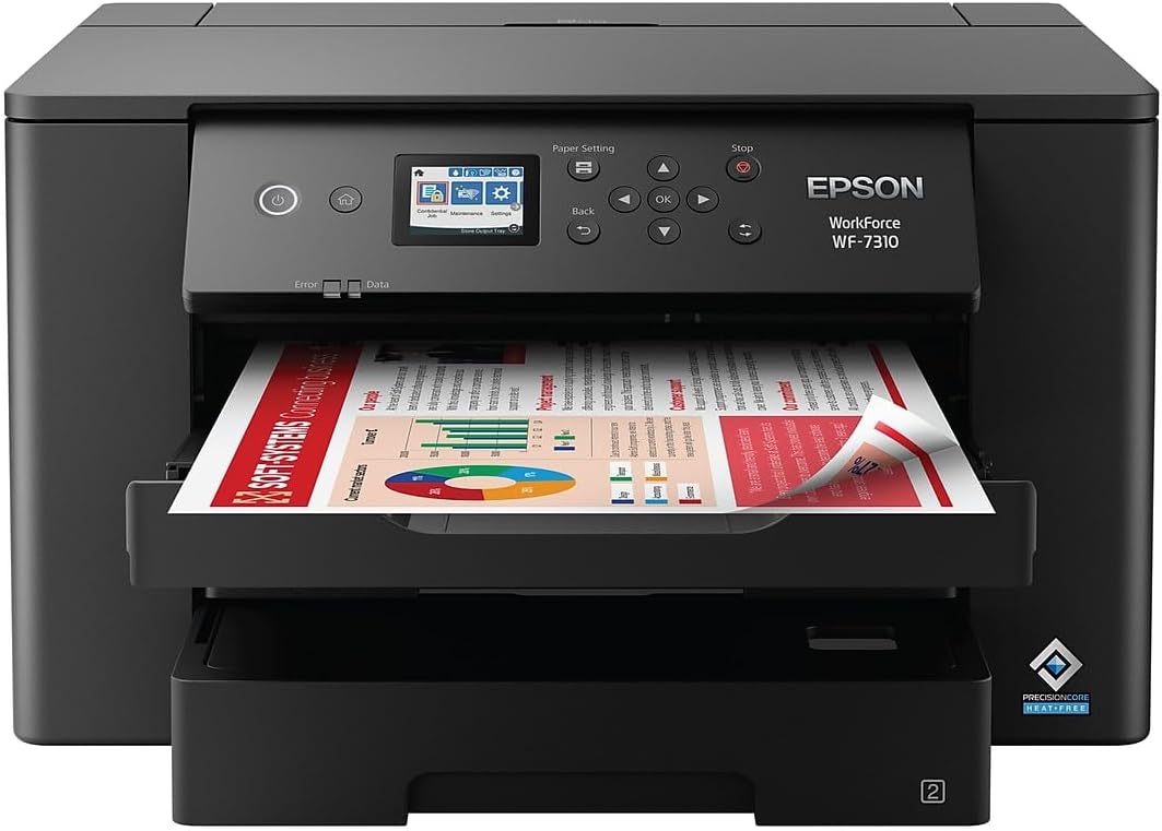 Epson Workforce Pro WF-7310 Wireless Wide-Format Printer with Print up to 13" x 19", Auto 2-Sided Printing up to 11" x 17", 500-sheet Capacity, 2.4" Color Display, Smart Panel App, Medium,Black