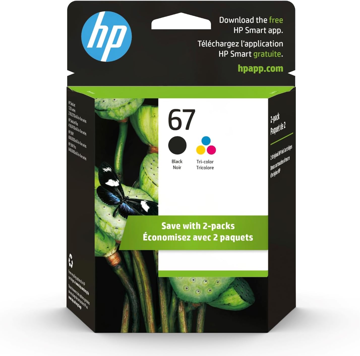 HP 67 Black/Tri-color Ink Cartridges (2 Pack) | Works with HP DeskJet 1255, 2700, 4100 Series, HP ENVY 6000, 6400 Series | Eligible for Instant Ink | 3YP29AN