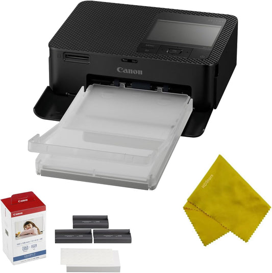 Canon SELPHY CP1500 Compact Photo Printer (Black) w/Canon KP-108IN Color Ink Paper Set, Cleaning Cloth