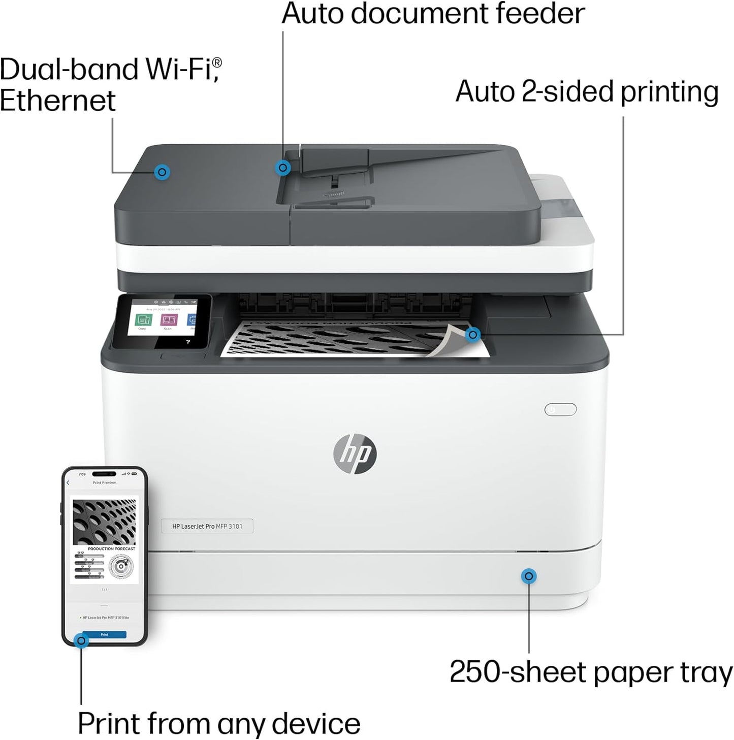 HP LaserJet Pro MFP 3101fdw Wireless Printer, Print, scan, copy, fax, Fast speeds, Easy setup, Mobile printing, Advanced security, Best-for-small-teams, Instant Ink eligible