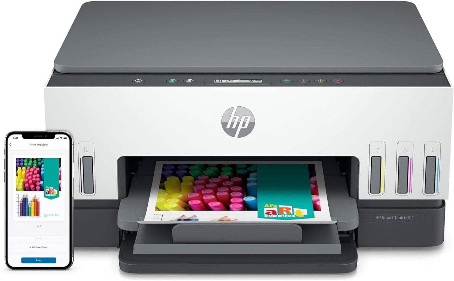 HP Smart -Tank 6001 Wireless Cartridge-Free all in one printer, this ink -tank printer comes with up to 2 years of ink included, with mobile print, scan, copy (2H0B9A)