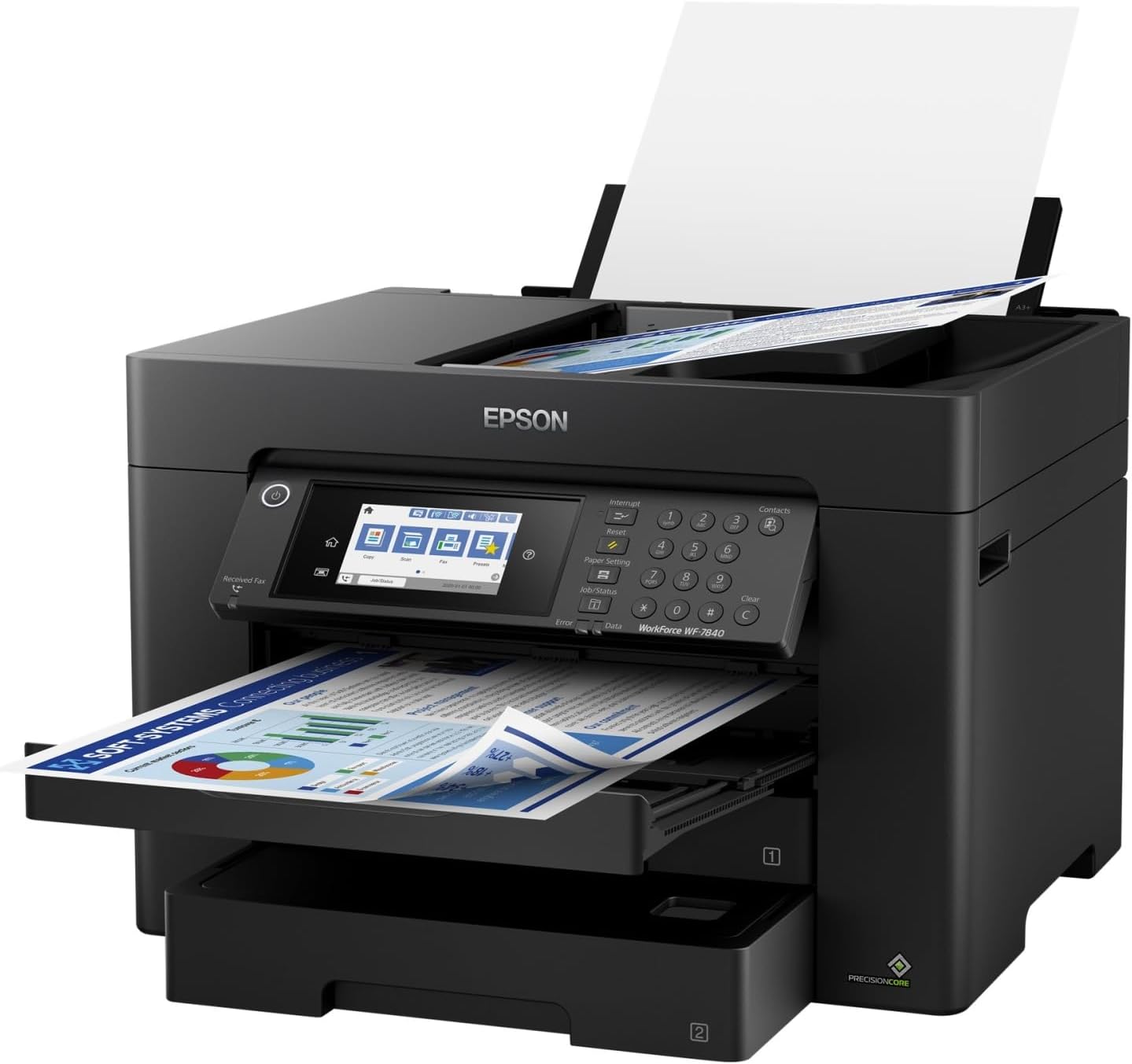 Epson Workforce Pro WF-7840 Wireless All-in-One Wide-Format Printer with Auto 2-Sided Print up to 13" x 19", Copy, Scan and Fax, 50-Page ADF, 500-sheet Paper Capacity, 4.3" Screen,Black