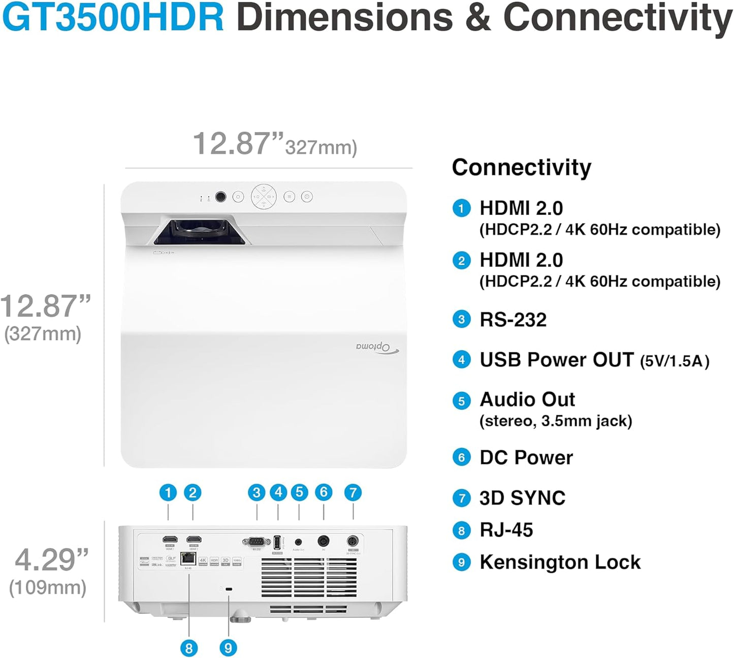 Optoma GT3500HDR Projector with Enhanced Gaming Mode 8ms Input Lag - Ultra Short Throw, 1080p Full HD, 4K HDR Input, 3800 Lumens Brightness, DuraCore Laser, Built-in Speaker, IP6X Dust Resistant