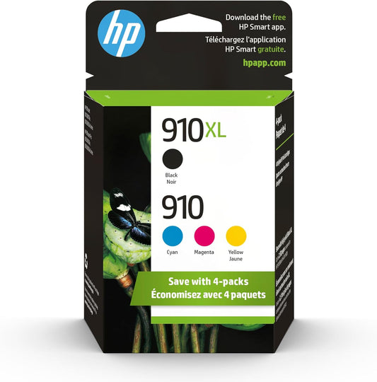 HP 910 / 910XL (3JB41AN) Ink Cartridges (Cyan Magenta Yellow Black) 4-Pack in Retail Packaging