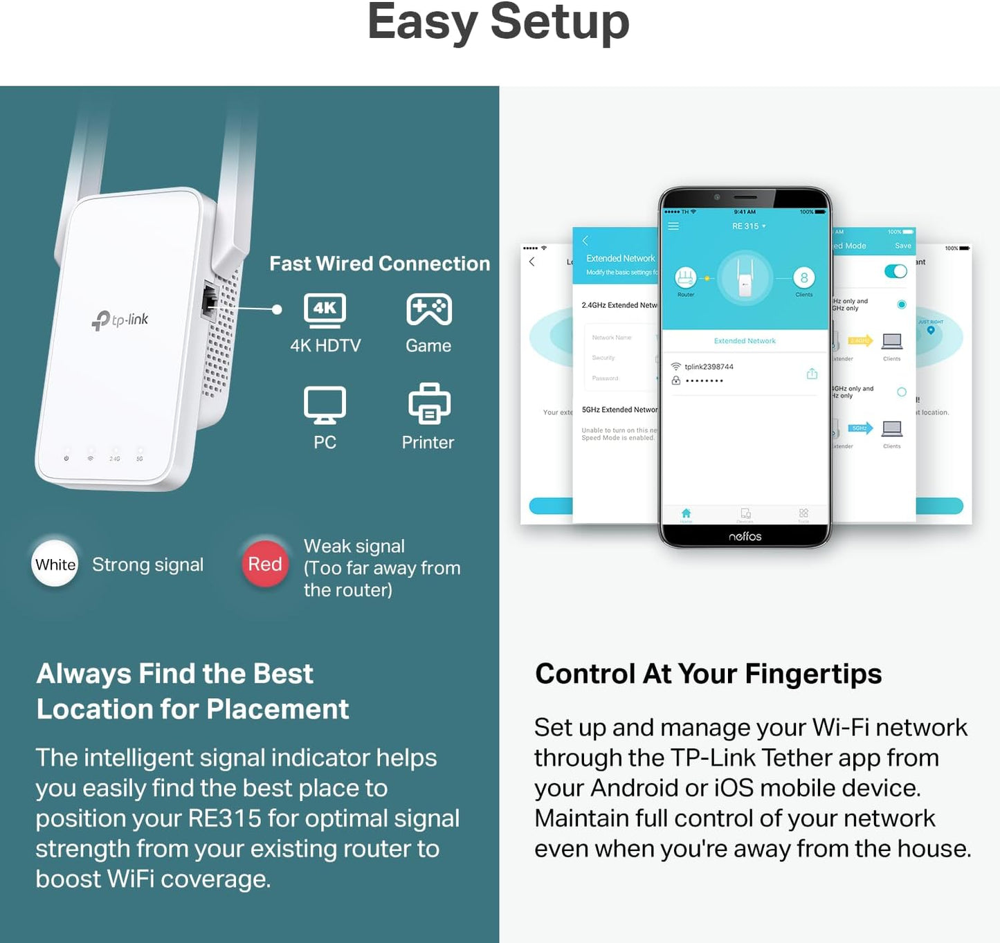 TP-Link AC1200 WiFi Extender, 2024 Wirecutter Best WiFi Extender, 1.2Gbps home signal booster, Dual Band 5GHz/2.4GHz, Covers Up to 1500 Sq.ft and 30 Devices ,support Onemesh, One Ethernet Port (RE315)