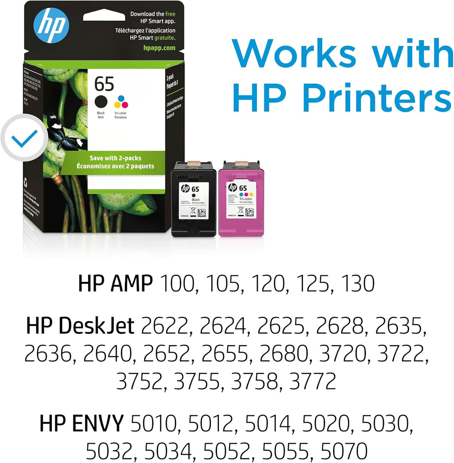 HP 65 Black/Tri-color Ink Cartridges (2-pack) | Works with HP AMP 100 Series, HP DeskJet 2600, 3700 Series, HP ENVY 5000 Series | Eligible for Instant Ink | T0A36AN