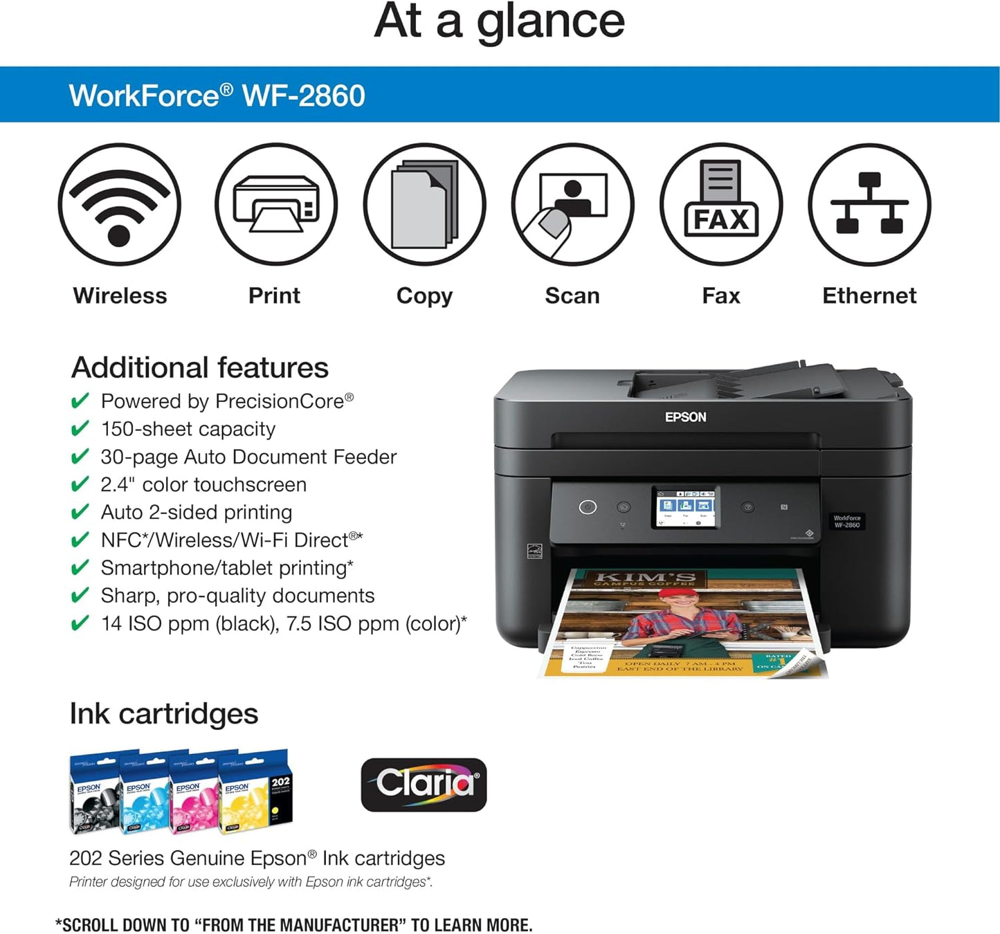 Epson Workforce WF-2860 All-in-One Wireless Color Printer with Scanner, Copier, Fax, Ethernet, Wi-Fi Direct and NFC, Amazon Dash Replenishment Ready