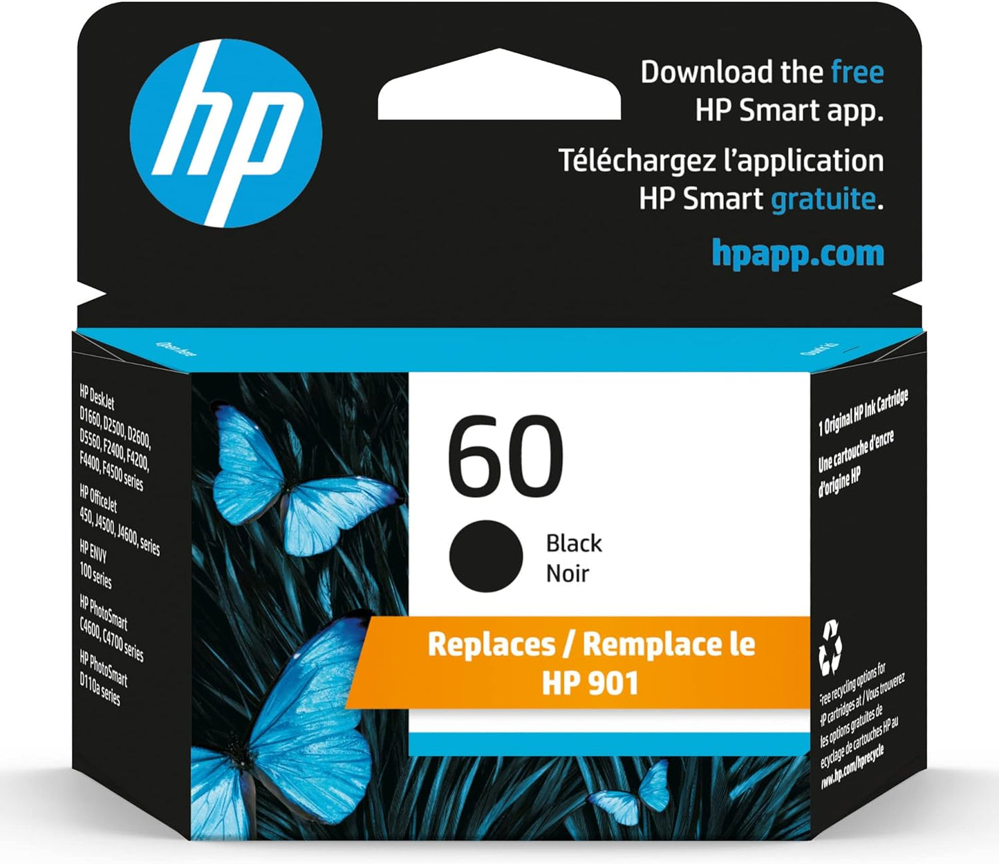 HP 60 Black Ink Cartridge | Works with DeskJet D1660, D2500, D2600, D5560, F2400, F4200, F4400, F4580; ENVY 100, 110, 120; PhotoSmart C4600, C4700, D110a Series | CC640WN