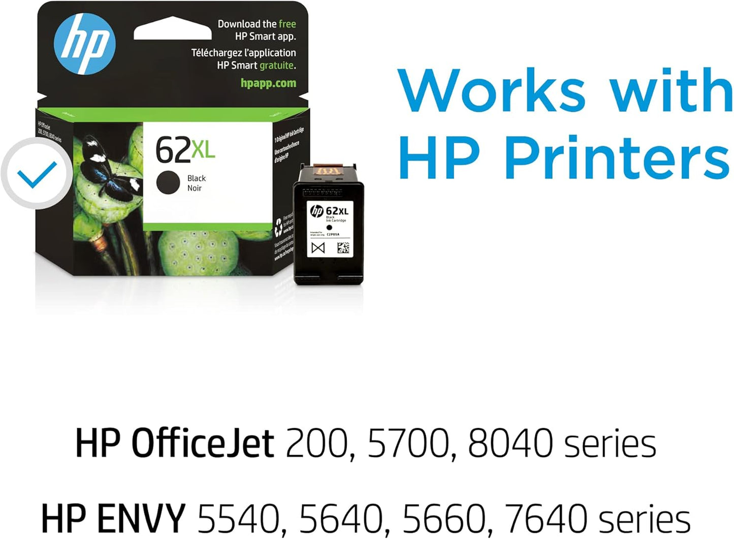 HP 62XL Black High-yield Ink cartridge | Works with HP ENVY 5540, 5640, 5660, 7640 Series, HP OfficeJet 5740, 8040 Series, HP OfficeJet Mobile 200, 250 Series | Eligible for Instant Ink | C2P05AN