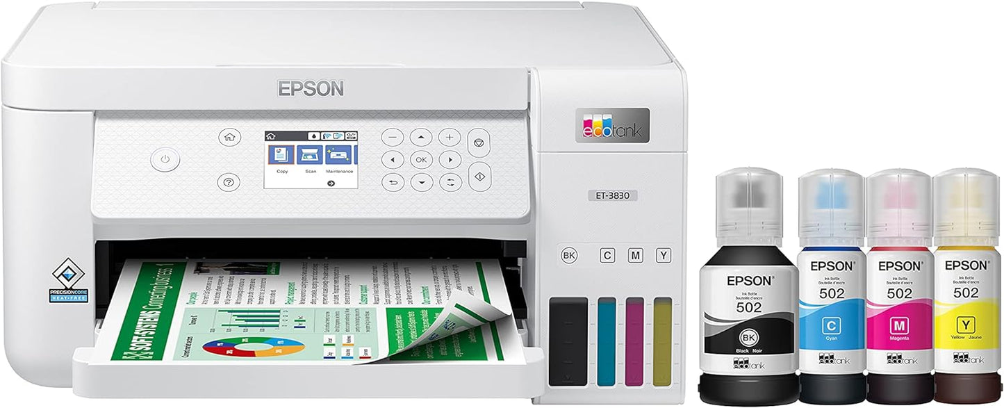 Epson EcoTank ET-3830 Wireless Color All-in-One Cartridge-Free Supertank Printer with Scan, Copy, Auto 2-Sided Printing and Ethernet – The Perfect Printer Productive Families,White