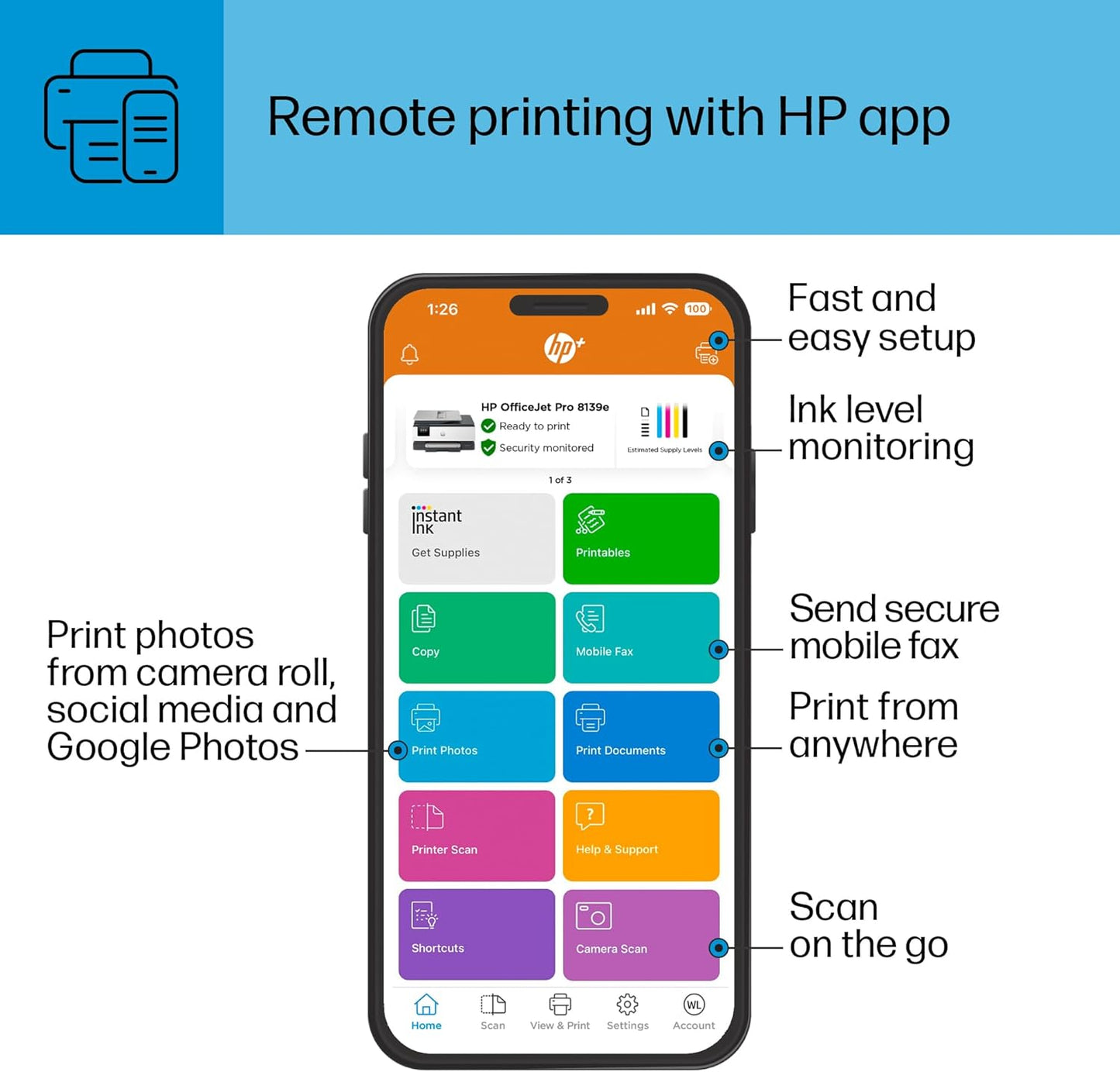 HP OfficeJet Pro 8139e Wireless All-in-One Color Inkjet Printer, Print, scan, copy, fax, ADF, Duplex printing best-for-home office, 1 year of Instant Ink included (40Q51A)