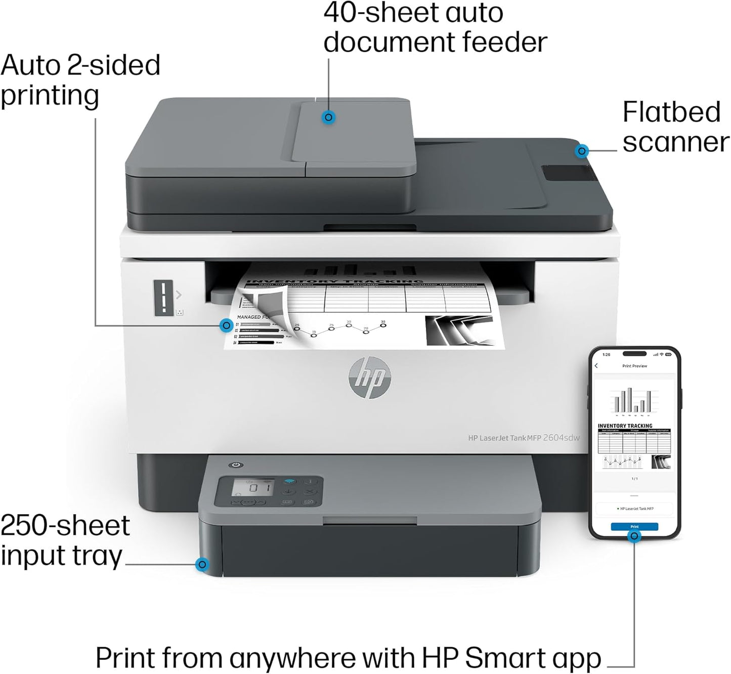 HP LaserJet-Tank MFP 2604sdw Wireless Black & White Printer Prefilled With Up to 2 Years of Original HP-Toner (381V1A)