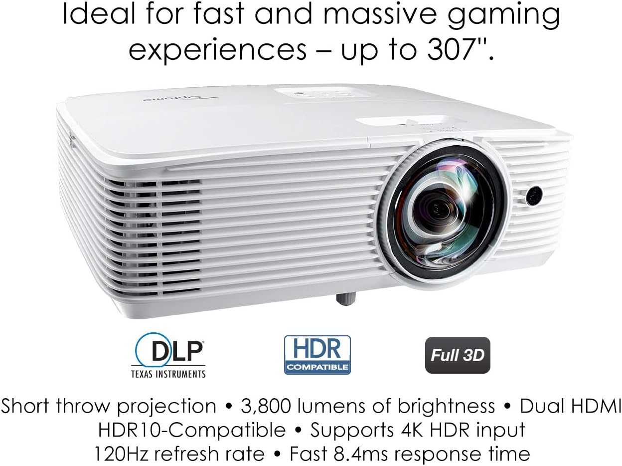 Optoma GT1080HDR Short Throw Gaming Projector | Enhanced Gaming Mode for 1080P 120Hz Gaming at 8.4ms | 4K UHD Support | Play HDR for 4K and 1080P | High 3800 lumens for Day & Night Gaming, White