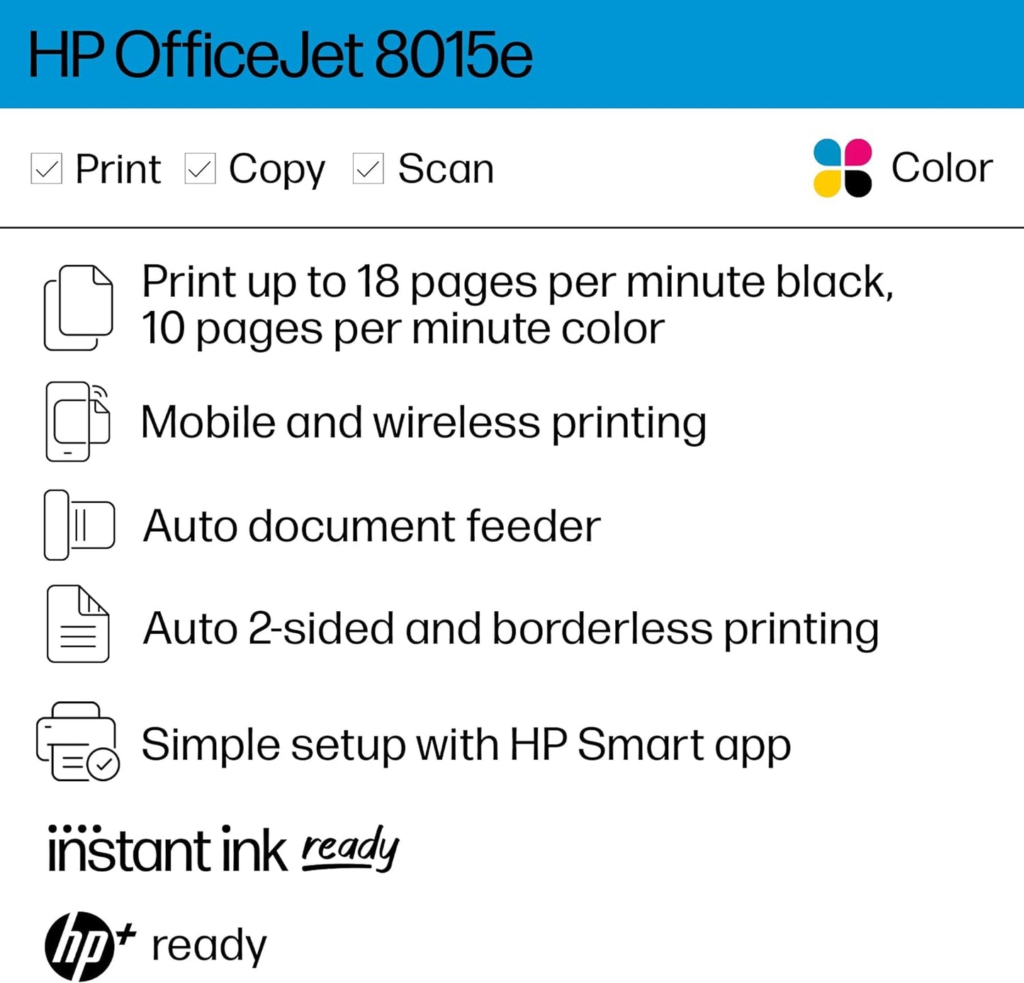 HP OfficeJet 8015e Wireless Color All-in-One Printer with 6 months of ink included with HP+ (228F5A)