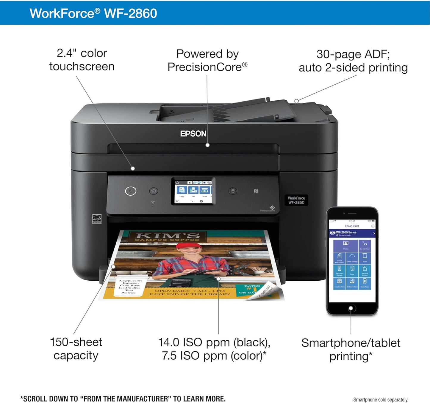 Epson Workforce WF-2860 All-in-One Wireless Color Printer with Scanner, Copier, Fax, Ethernet, Wi-Fi Direct and NFC, Amazon Dash Replenishment Ready