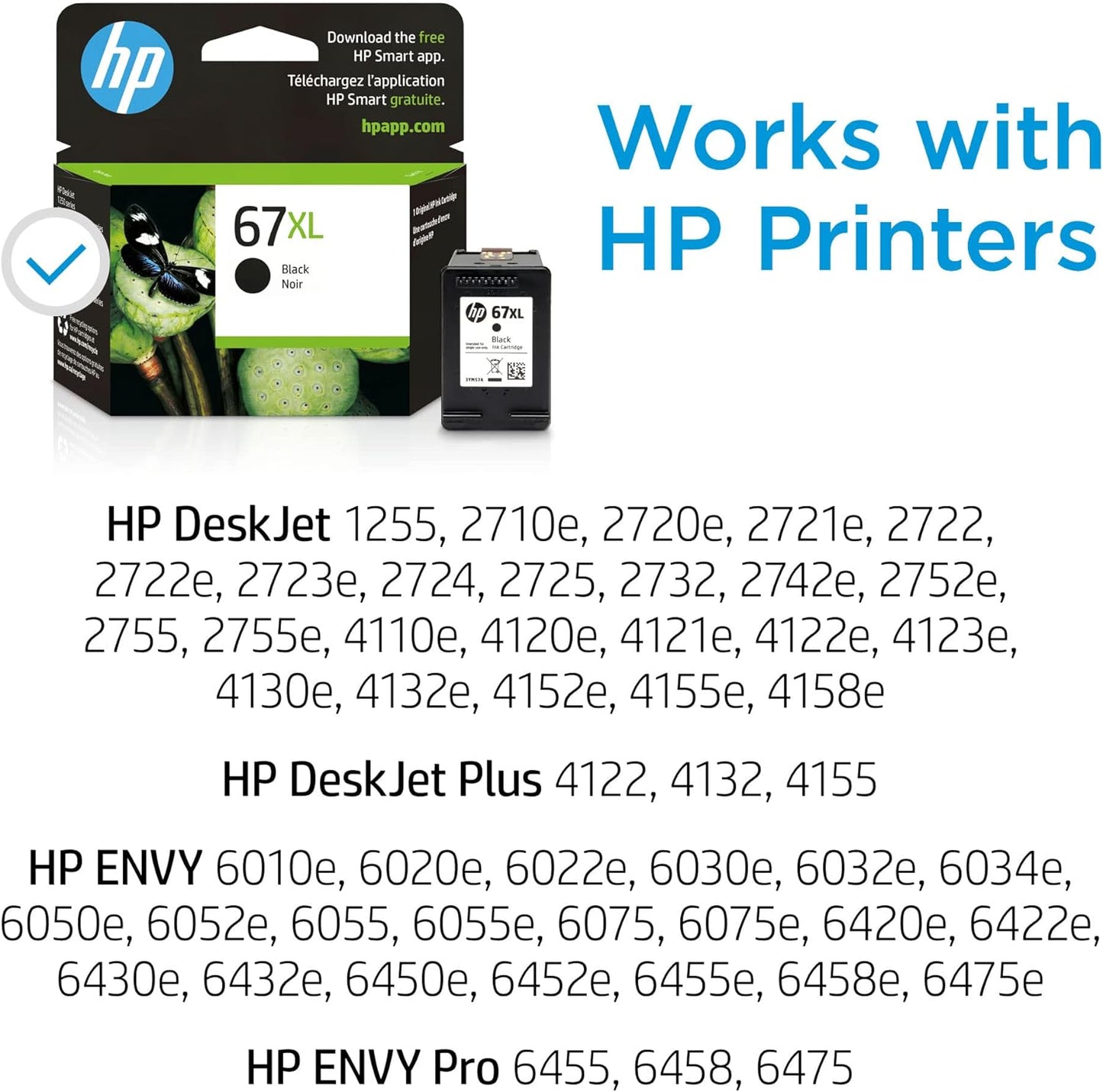 HP 67XL Black High-yield Ink Cartridge | Works with HP DeskJet 1255, 2700, 4100 Series, HP ENVY 6000, 6400 Series | Eligible for Instant Ink | One Size | 3YM57AN