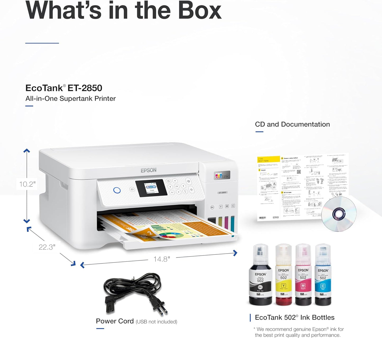 Epson EcoTank ET-2850 Wireless Color All-in-One Cartridge-Free Supertank Printer with Scan, Copy and Auto 2-Sided Printing - White, Medium