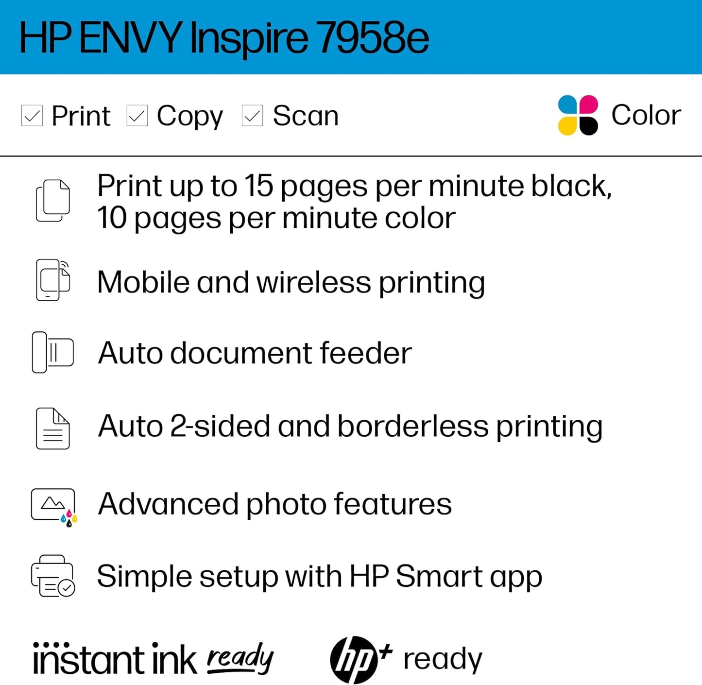 HP ENVY Inspire 7958e Wireless All-in-One Color Inkjet Printer, Print, scan, copy, Duplex printing best-for-home, 6 months of ink included (327A7A)