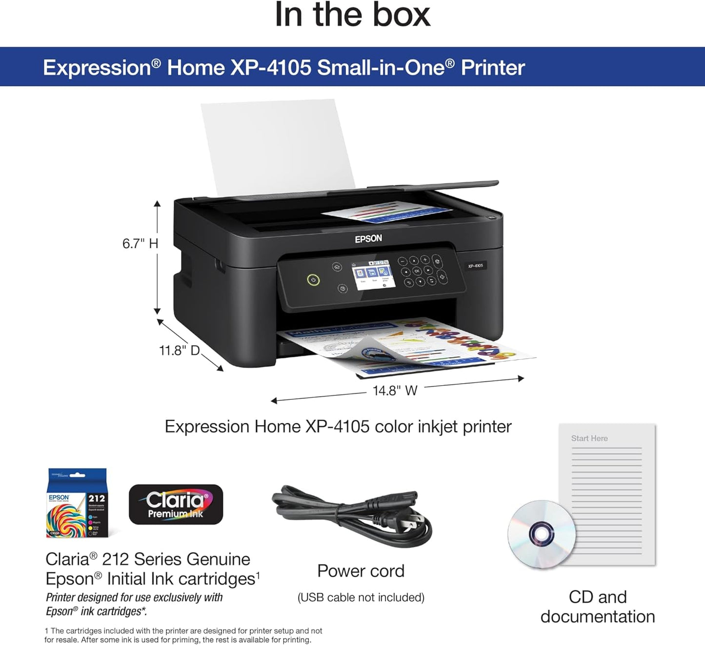 Epson Expression Home XP-4105 Wireless All-in-One Color Inkjet Printer, Black - Print Copy Scan - 10.0 ppm, 5760 x 1440 dpi, 2.4" LCD, Auto 2-Sided Printing, Voice Activated, DAODYANG Printer_Cable