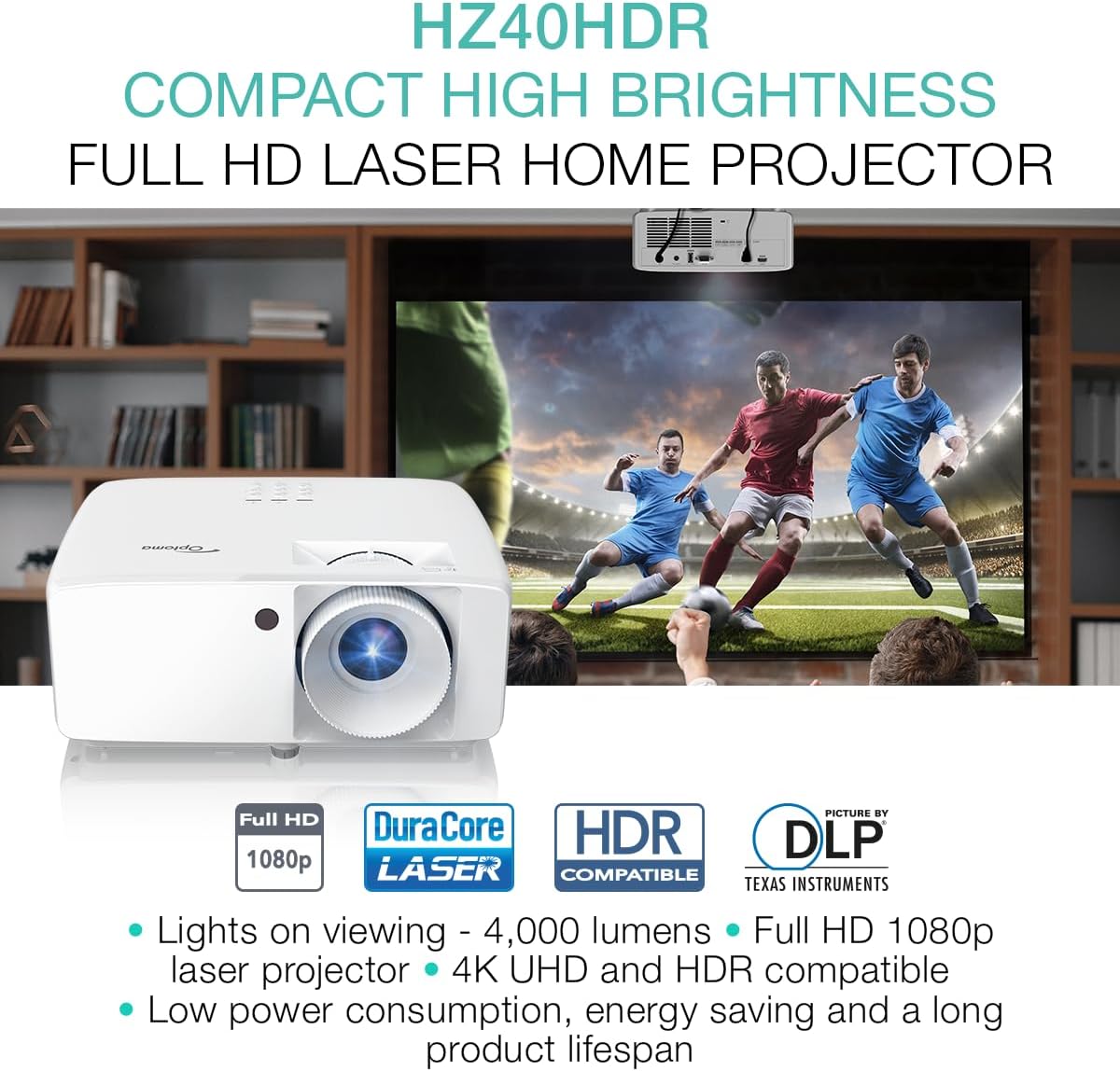 Optoma HZ40HDR Compact Long Throw Laser Home Theater and Gaming Projector, 1080p HD with 4K HDR Input, High Bright 4,000 Lumens