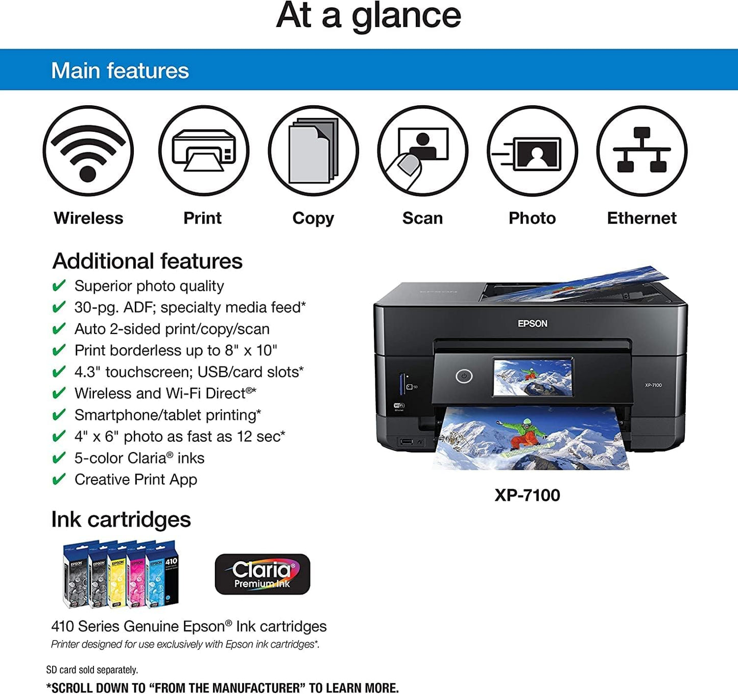 Epson Expression Premium XP-7100 All-in-One Color Inkjet Printer, Black - Print Scan Copy - 15 ppm, 5760 x 1440 dpi, Auto 2-Sided Printing, 30-Page ADF, Card Slot, Printable CD/DVD