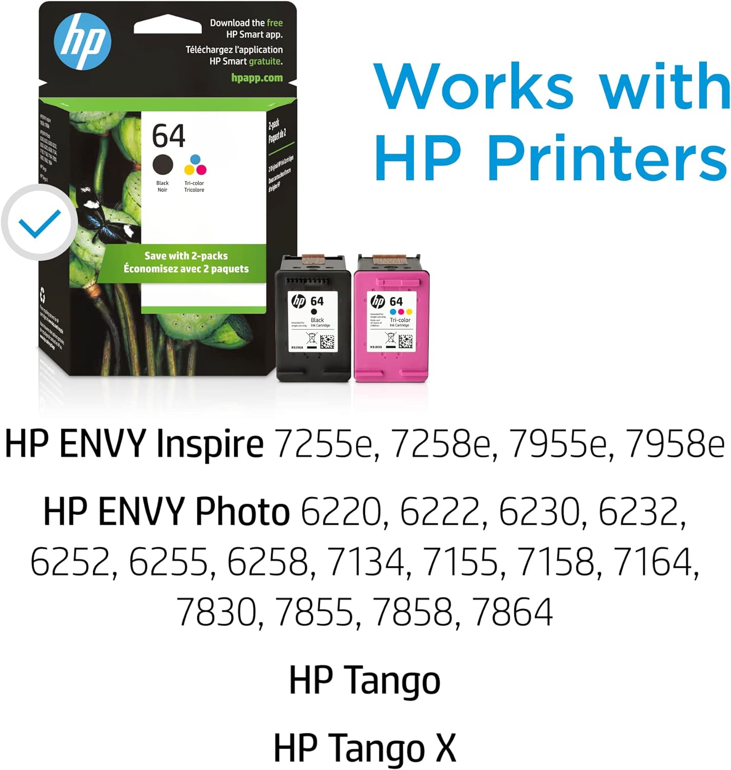 HP 64 Black/Tri-color Ink Cartridges (2-pack) | Works with HP ENVY Inspire 7950e; ENVY Photo 6200, 7100, 7800; Tango Series | Eligible for Instant Ink | X4D92AN