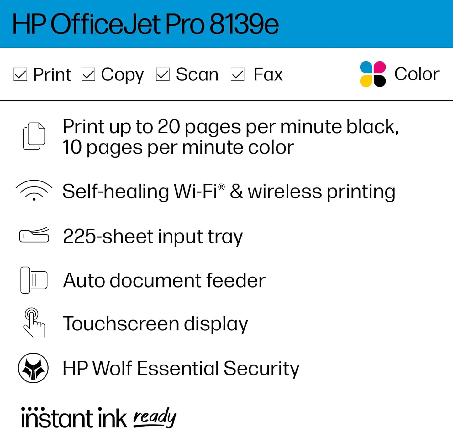 HP OfficeJet Pro 8139e Wireless All-in-One Color Inkjet Printer, Print, scan, copy, fax, ADF, Duplex printing best-for-home office, 1 year of Instant Ink included (40Q51A)