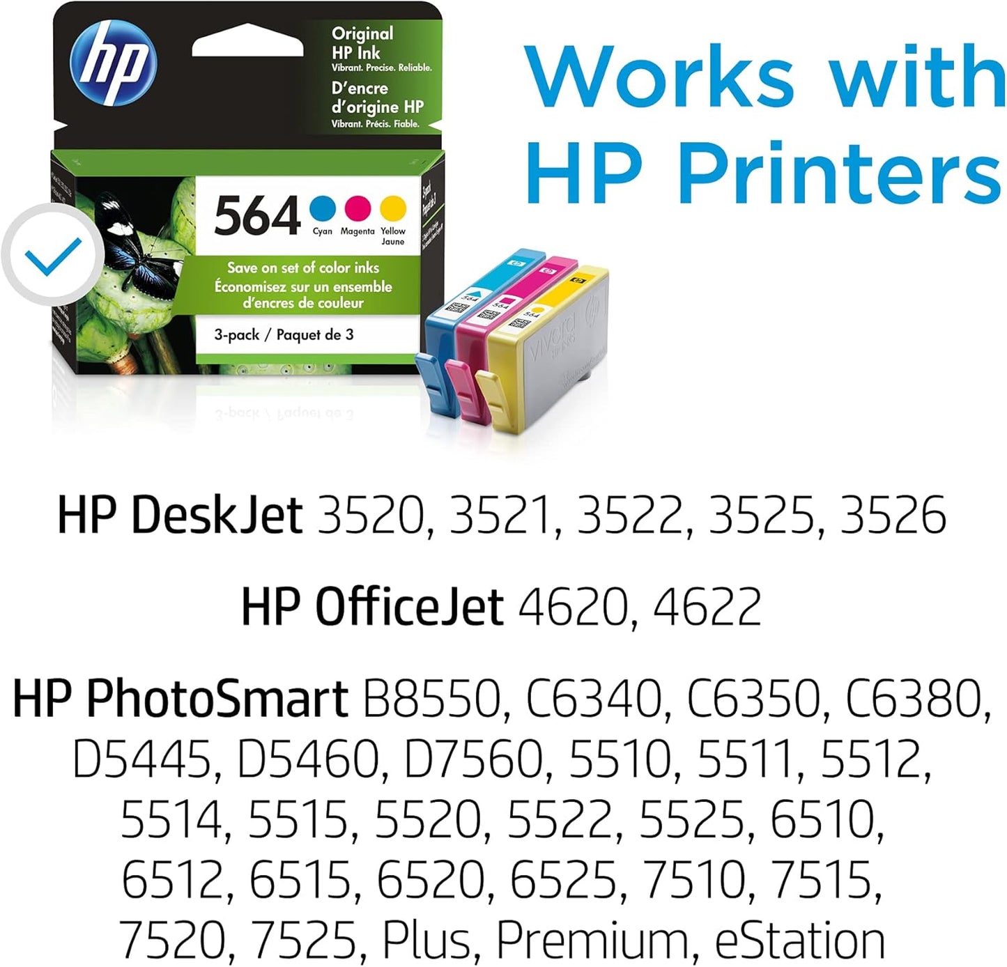 HP 564 Cyan, Magenta, Yellow Ink (3-pack) | Works with DeskJet 3500; OfficeJet 4620; PhotoSmart B8550, C6300, D5400, D7560, 5500, 6510, 6520, 7500, Plus, Premium, eStation Series | N9H57FN