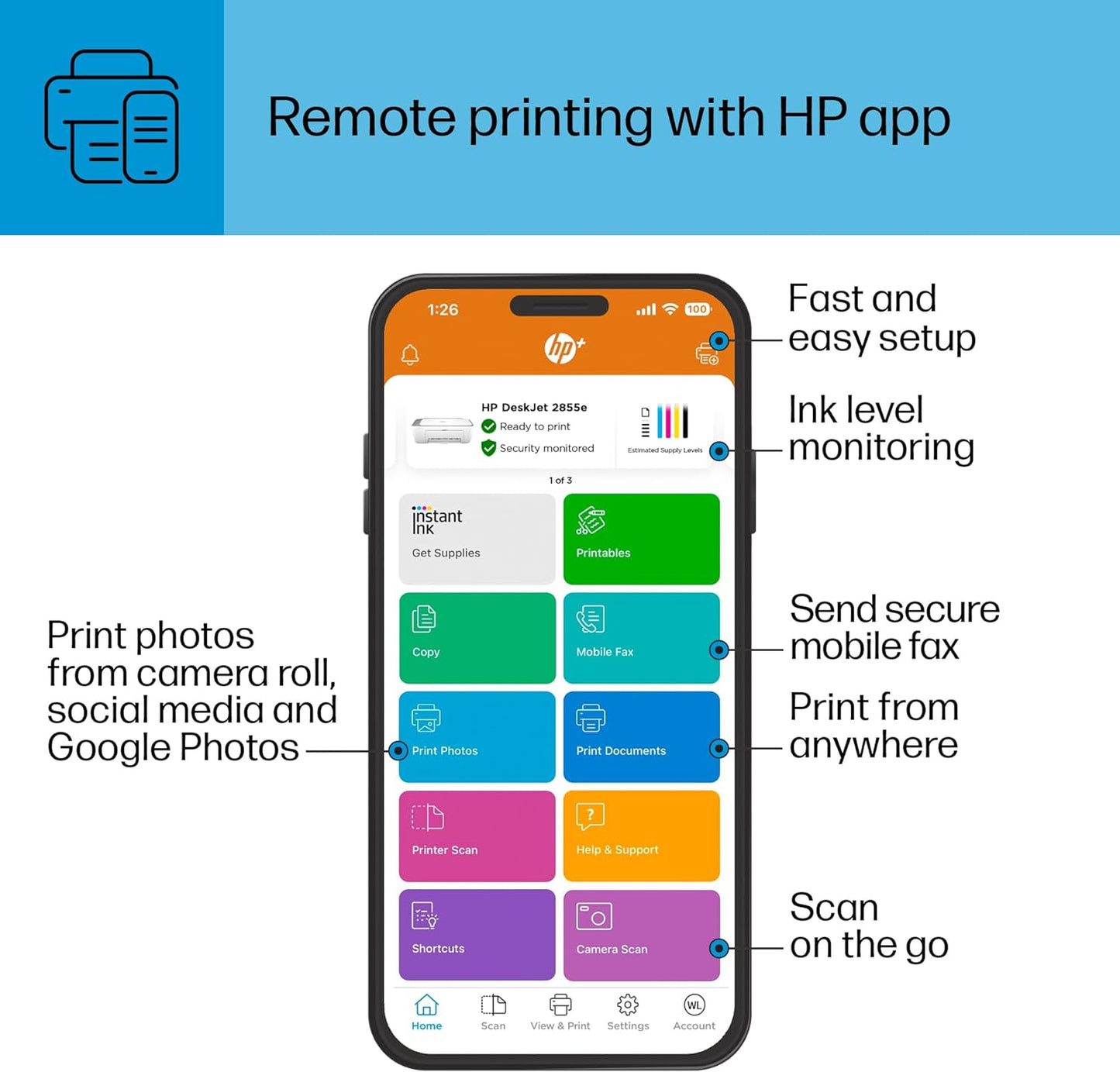 HP DeskJet 2855e Wireless All-in-One Color Inkjet Printer, Scanner, Copier, Best-for-home, 3 months of ink included (588S5A)