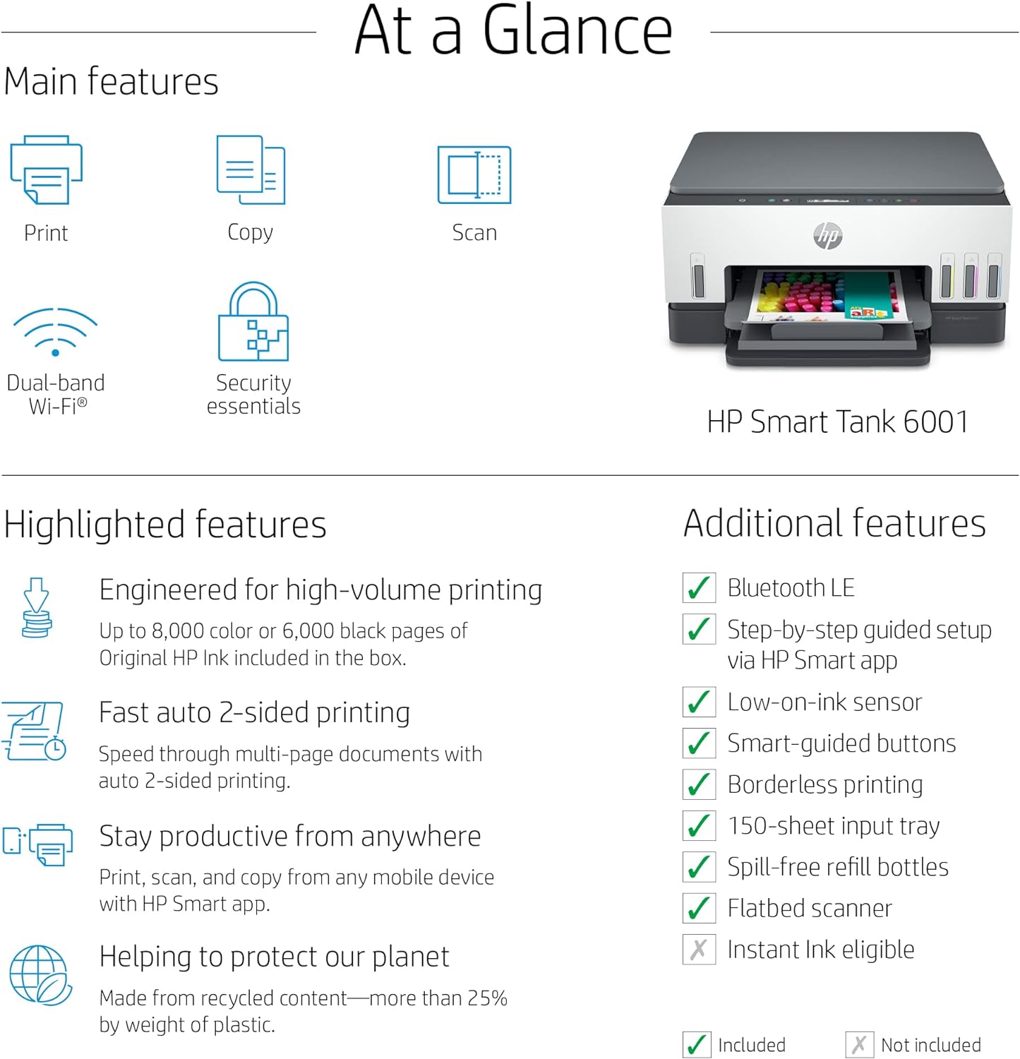 HP Smart -Tank 6001 Wireless Cartridge-Free all in one printer, this ink -tank printer comes with up to 2 years of ink included, with mobile print, scan, copy (2H0B9A)