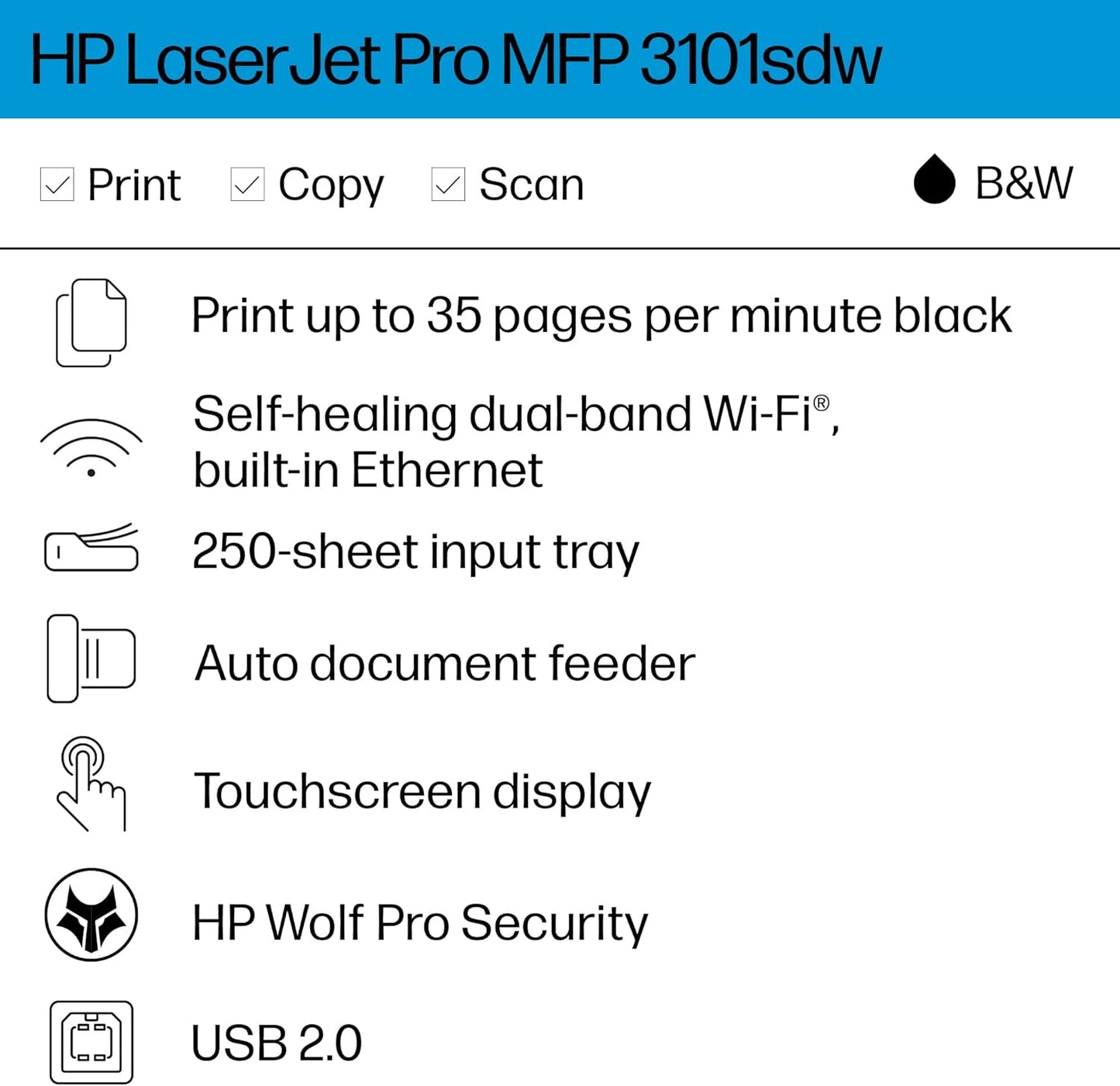 HP LaserJet Pro MFP 3101sdw Printer, Black and white, Printer for Small medium business, Print, copy, scan, Wireless; Print from phone or tablet; Two-sided printing; Scan to email