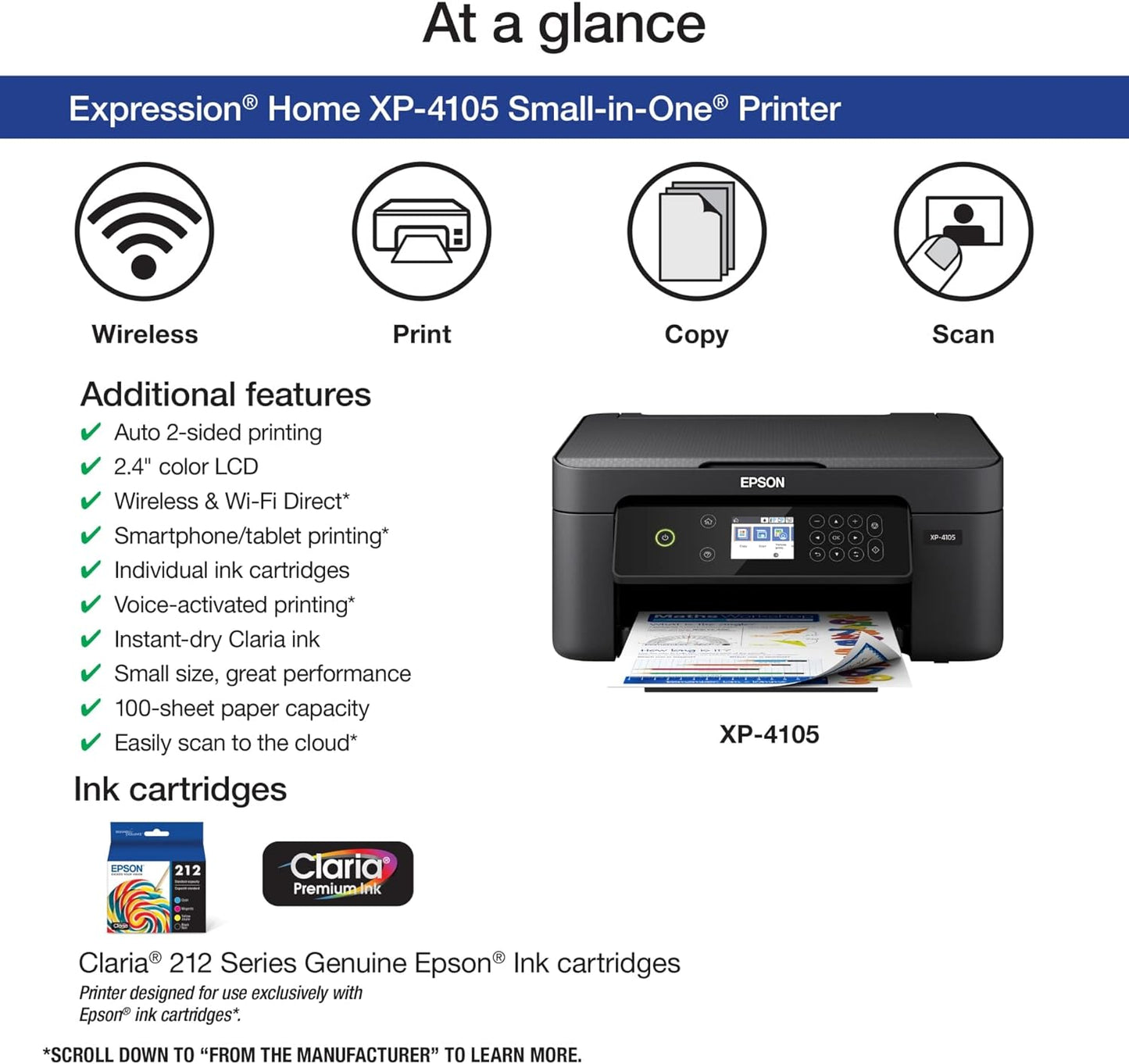 Epson Expression Home XP-4105 Wireless All-in-One Color Inkjet Printer, Black - Print Copy Scan - 10.0 ppm, 5760 x 1440 dpi, 2.4" LCD, Auto 2-Sided Printing, Voice Activated, DAODYANG Printer_Cable