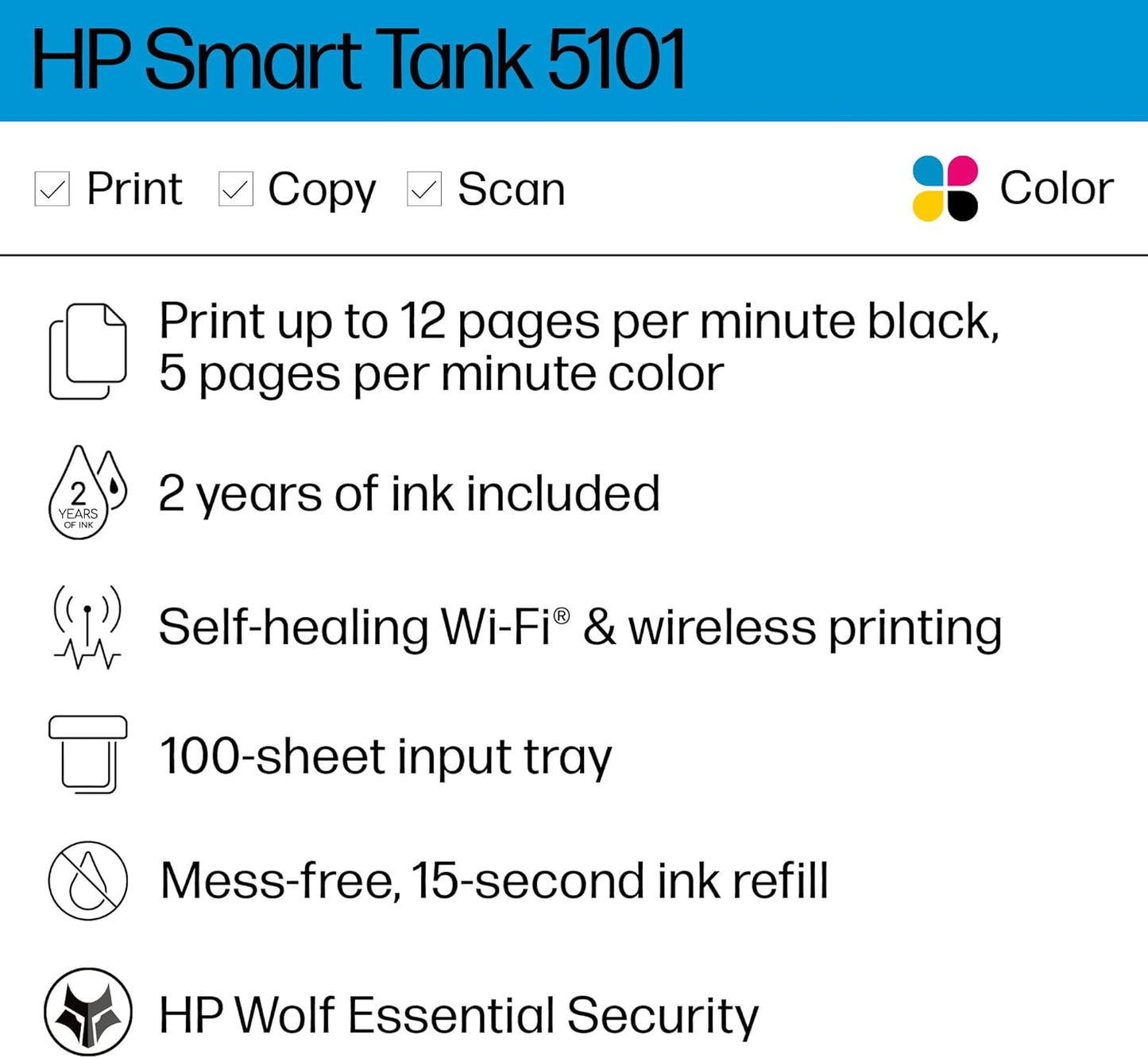 HP Smart Tank 5101 Wireless All-in-One Ink Tank Printer with 2 years of ink included,Print, scan, copy, Best-for-home, Refillable ink tank (1F3Y0A)