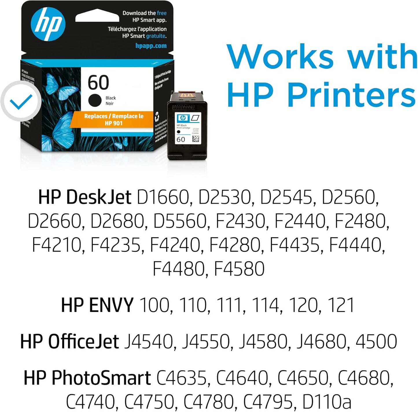 HP 60 Black Ink Cartridge | Works with DeskJet D1660, D2500, D2600, D5560, F2400, F4200, F4400, F4580; ENVY 100, 110, 120; PhotoSmart C4600, C4700, D110a Series | CC640WN