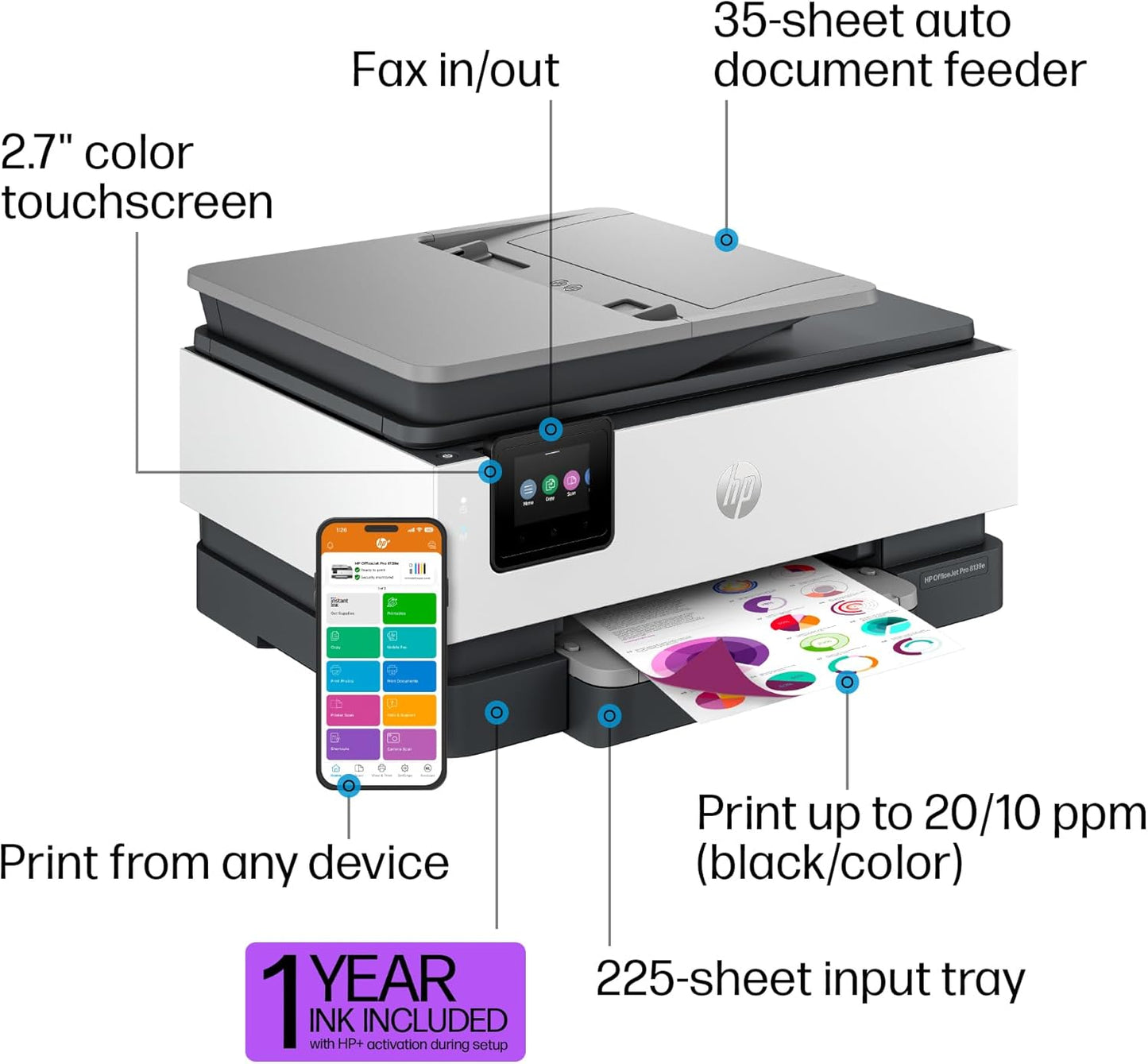 HP OfficeJet Pro 8139e Wireless All-in-One Color Inkjet Printer, Print, scan, copy, fax, ADF, Duplex printing best-for-home office, 1 year of Instant Ink included (40Q51A)