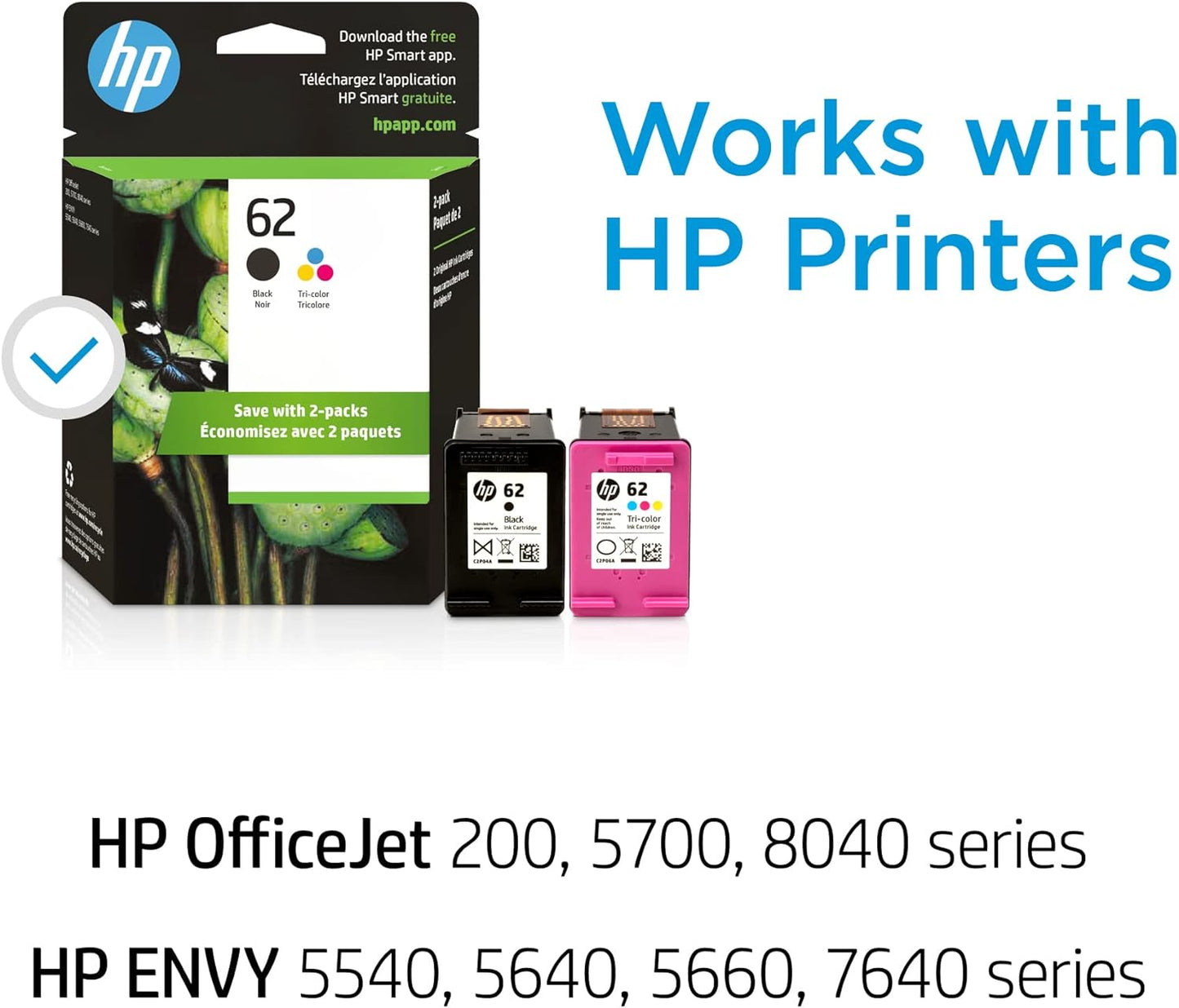 HP 62 Black/Tri-color Ink (2-pack) | Works with HP ENVY 5540, 5640, 5660, 7640 Series, HP OfficeJet 5740, 8040 Series, HP OfficeJet Mobile 200, 250 Series | Eligible for Instant Ink | N9H64FN