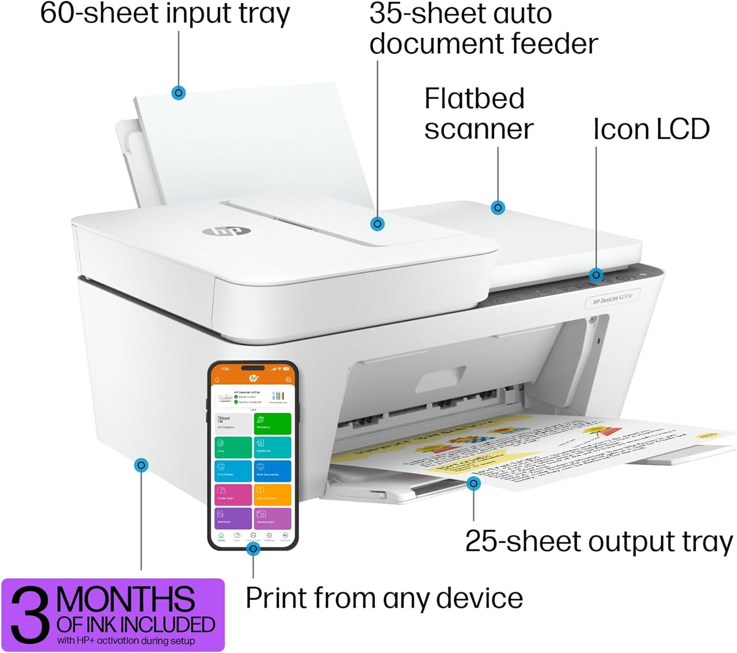 HP DeskJet 4255e Wireless All-in-One Color Inkjet Printer, Scanner, Copier, Best-for-home, 3 months of ink included (588S6A)