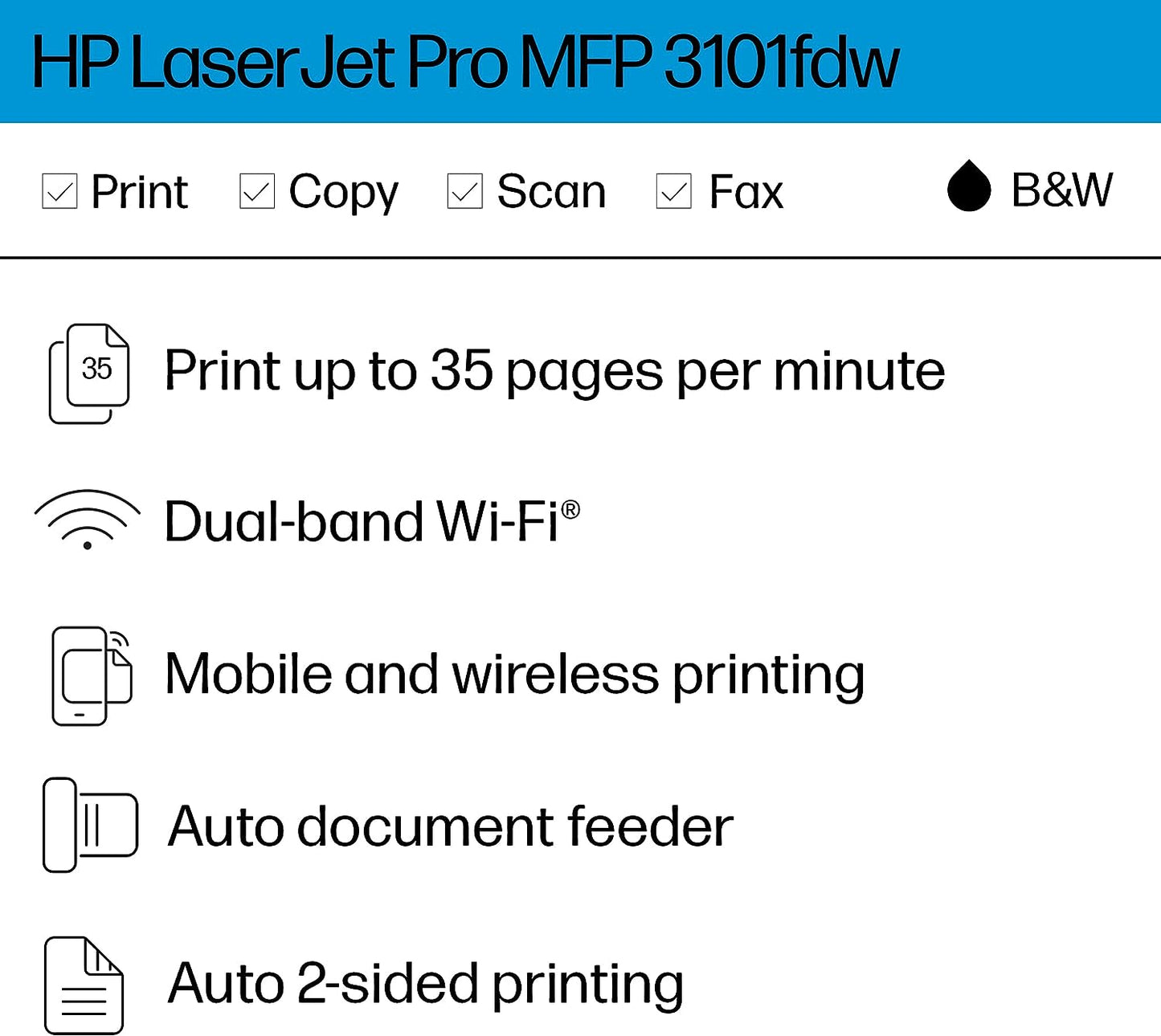 HP LaserJet Pro MFP 3101fdw Wireless Printer, Print, scan, copy, fax, Fast speeds, Easy setup, Mobile printing, Advanced security, Best-for-small-teams, Instant Ink eligible