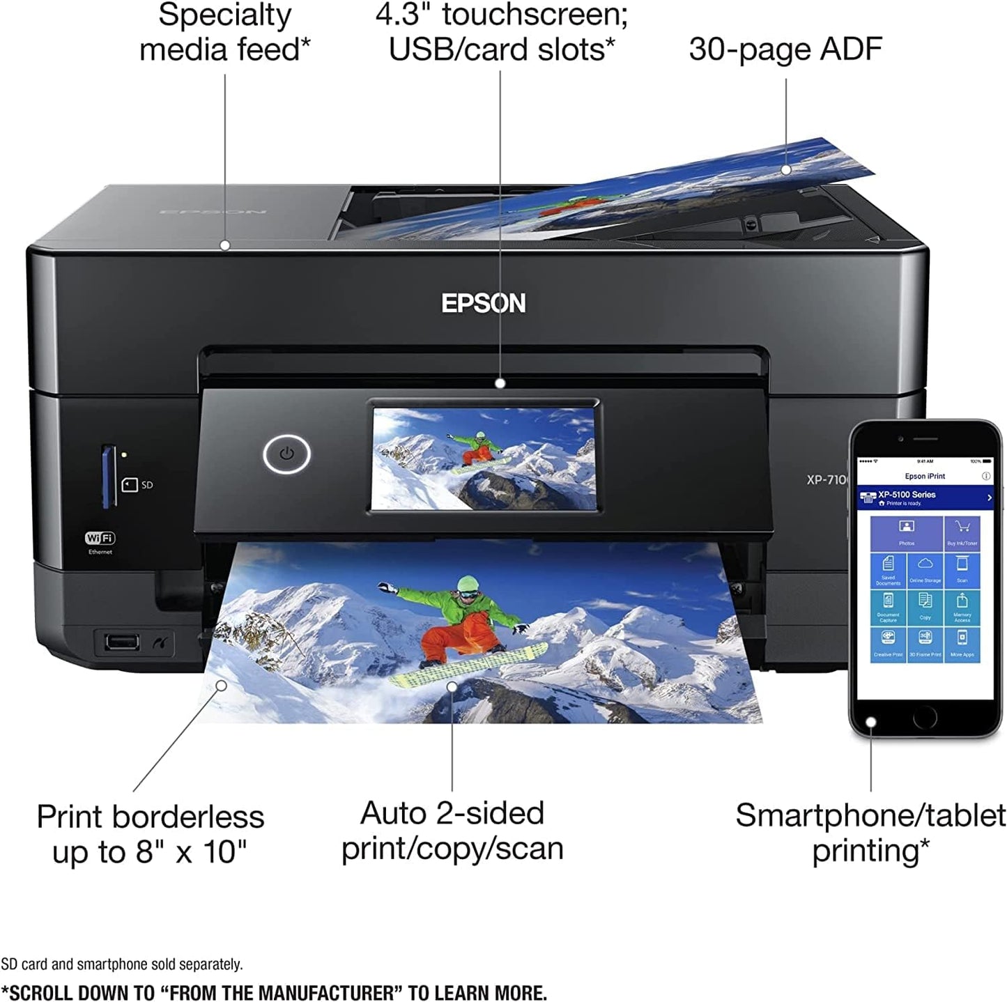 Epson Expression Premium XP-7100 All-in-One Color Inkjet Printer, Black - Print Scan Copy - 15 ppm, 5760 x 1440 dpi, Auto 2-Sided Printing, 30-Page ADF, Card Slot, Printable CD/DVD