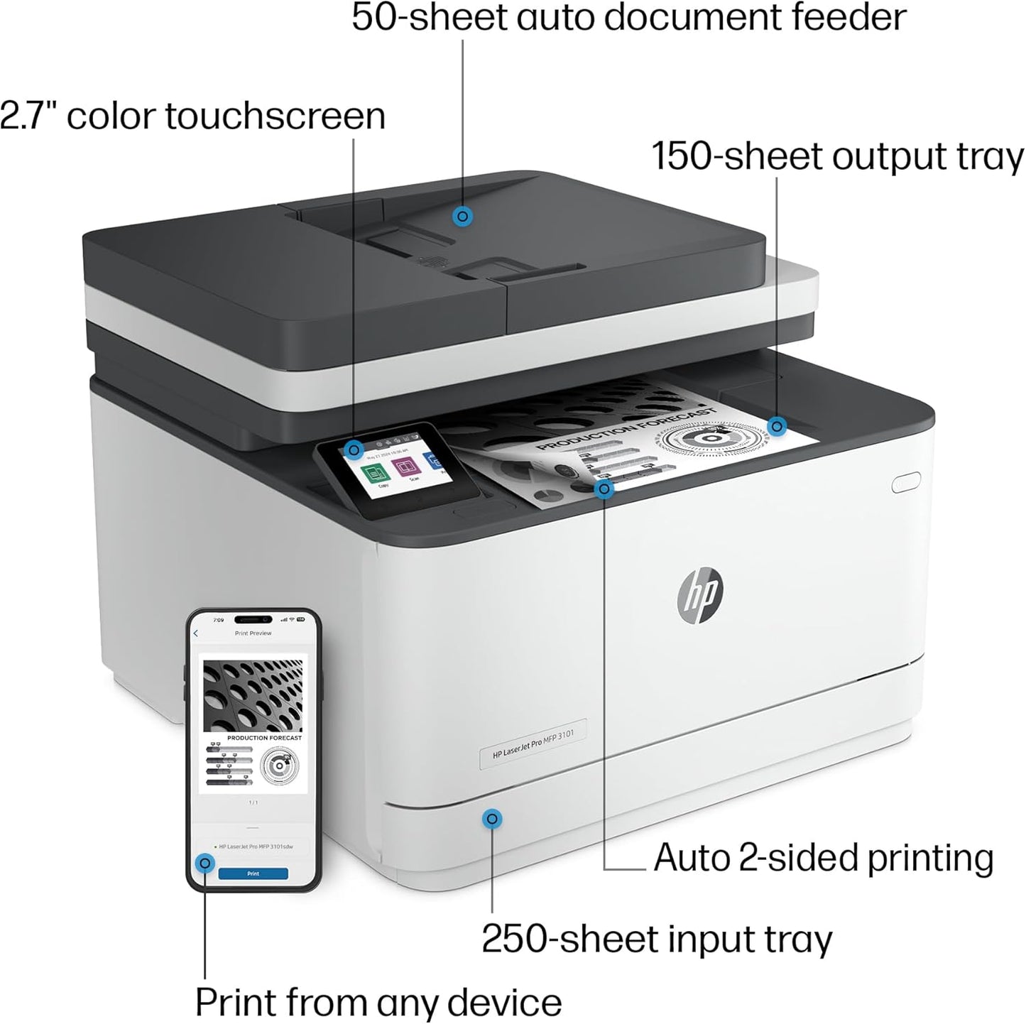 HP LaserJet Pro MFP 3101sdw Printer, Black and white, Printer for Small medium business, Print, copy, scan, Wireless; Print from phone or tablet; Two-sided printing; Scan to email