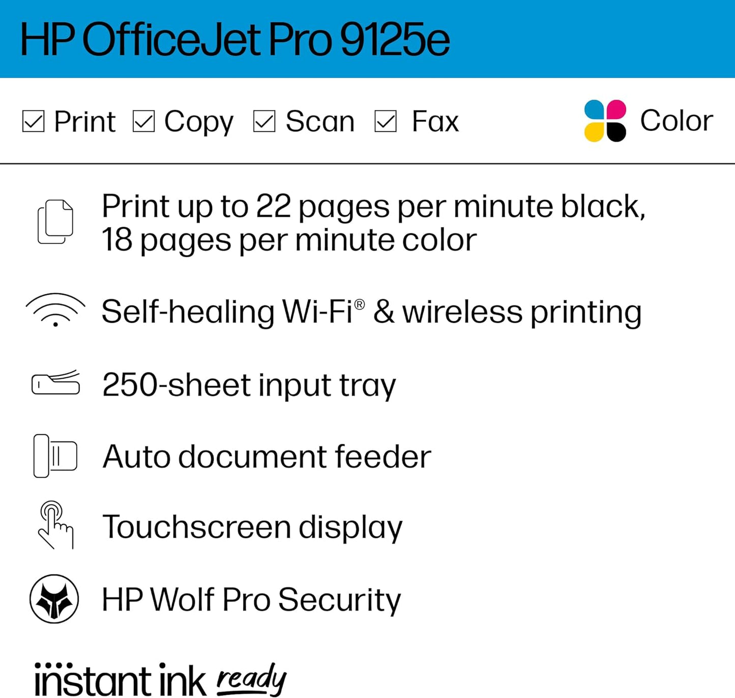 HP OfficeJet Pro 9125e All-in-One Printer, Color, Printer-for-Small Medium Business, Print, Copy, scan, fax, Instant Ink Eligible (3 months included) ; Touchscreen; Smart Advance Scan;