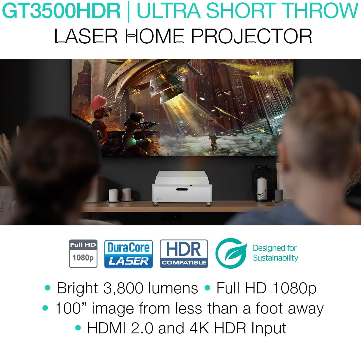 Optoma GT3500HDR Projector with Enhanced Gaming Mode 8ms Input Lag - Ultra Short Throw, 1080p Full HD, 4K HDR Input, 3800 Lumens Brightness, DuraCore Laser, Built-in Speaker, IP6X Dust Resistant