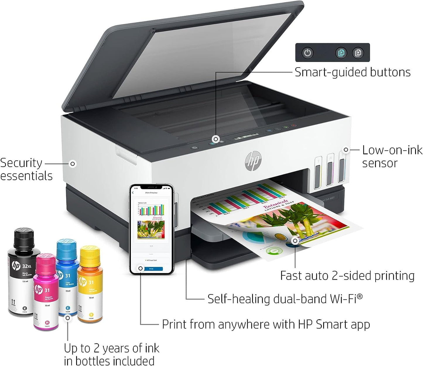 HP Smart -Tank 6001 Wireless Cartridge-Free all in one printer, this ink -tank printer comes with up to 2 years of ink included, with mobile print, scan, copy (2H0B9A)