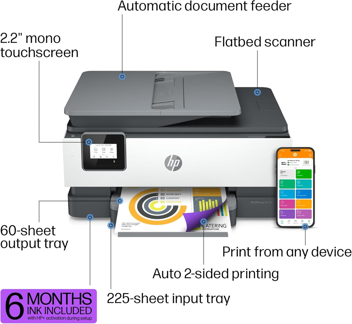 HP OfficeJet 8015e Wireless Color All-in-One Printer with 6 months of ink included with HP+ (228F5A)