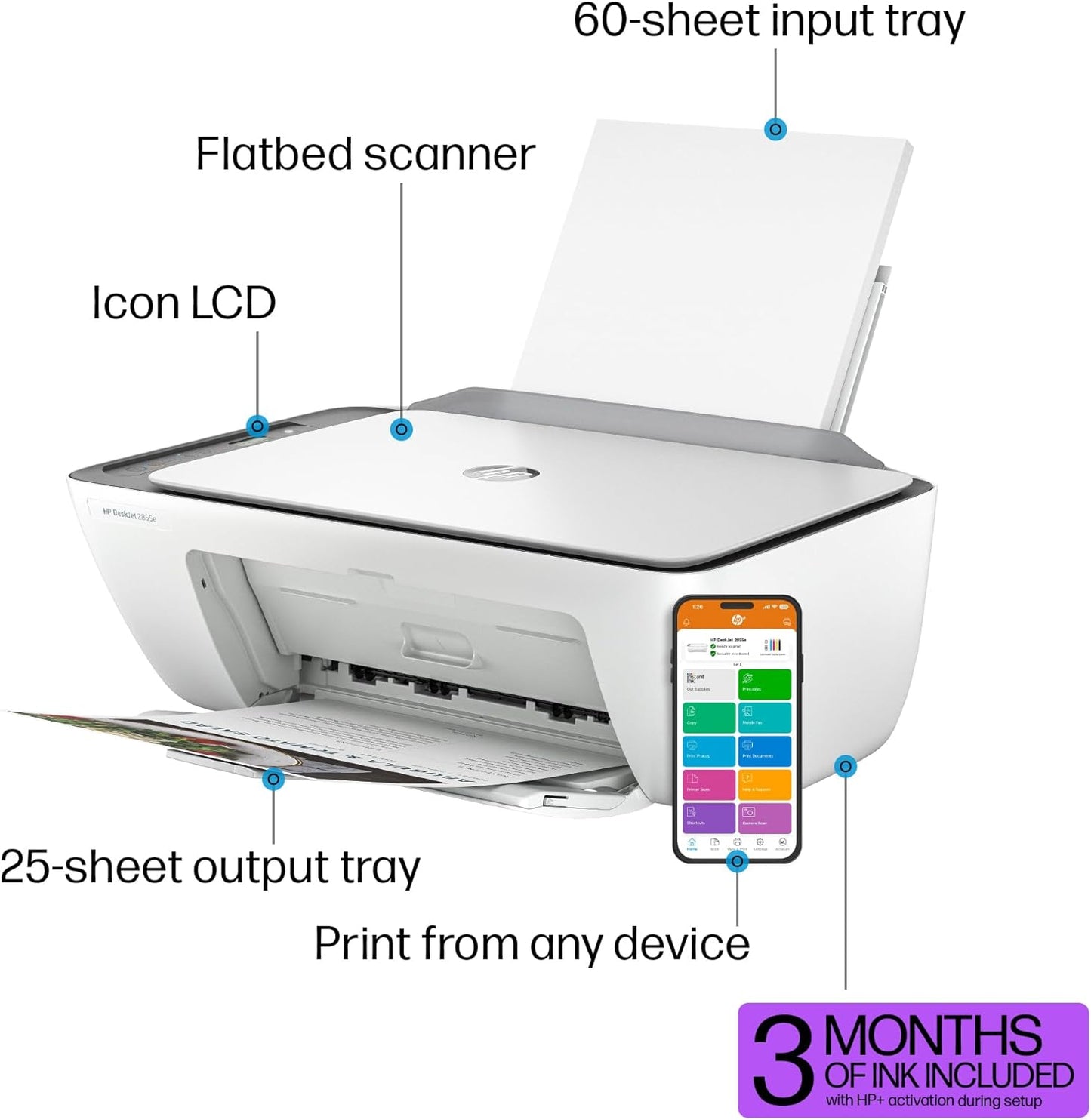 HP DeskJet 2855e Wireless All-in-One Color Inkjet Printer, Scanner, Copier, Best-for-home, 3 months of ink included (588S5A)