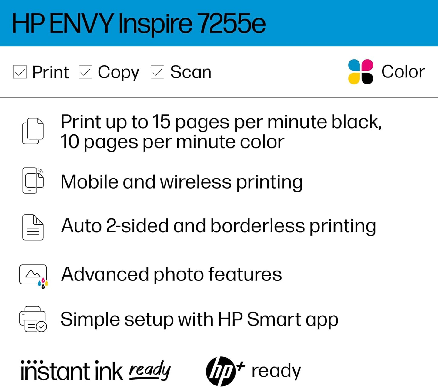 HP ENVY Inspire 7255e Wireless Color Thermal Inkjet Printer, Print, scan, copy, Easy setup,Mobile printing, Best-for-home, Instant Ink with HP+ (3 months included)