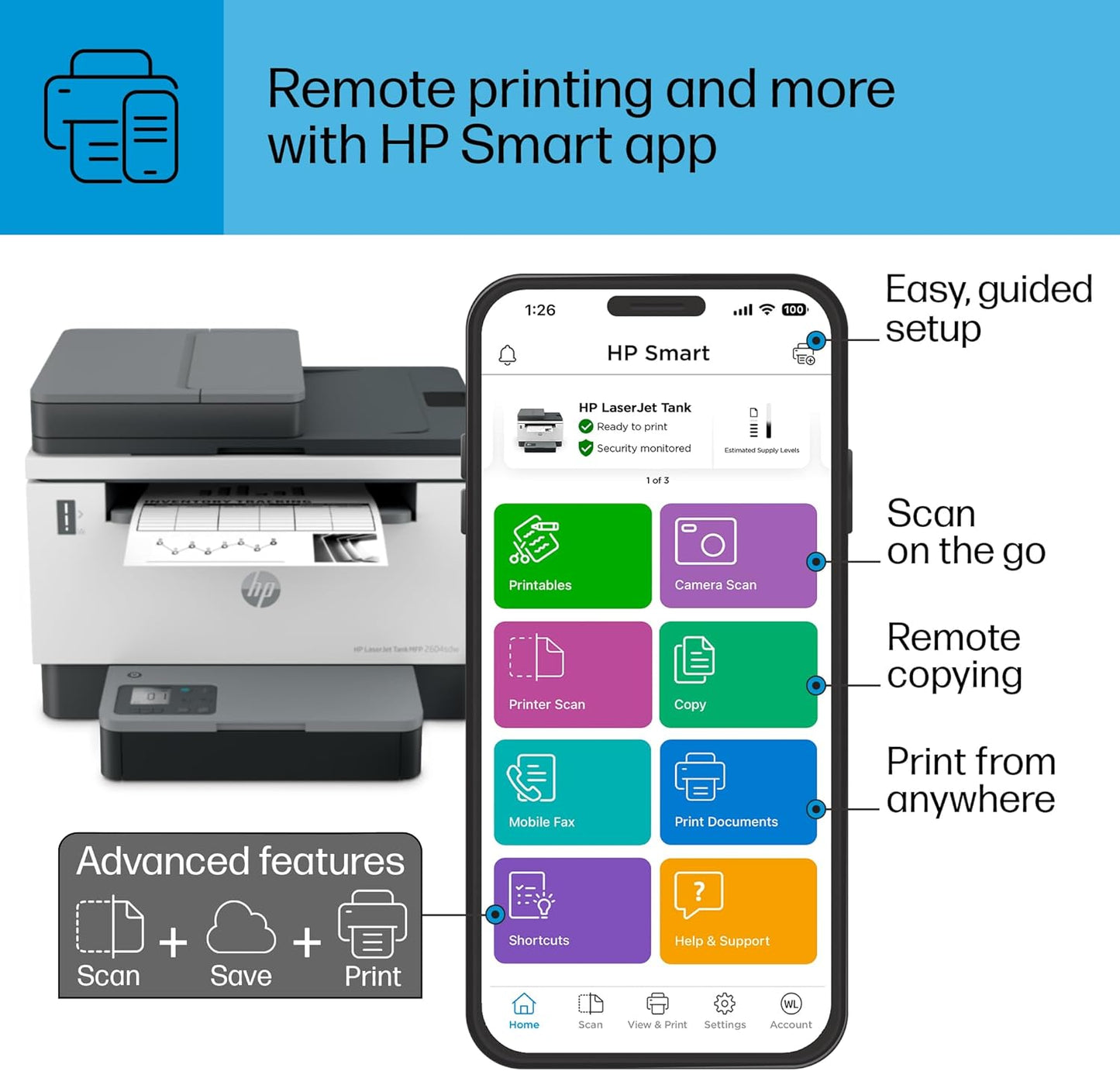 HP LaserJet-Tank MFP 2604sdw Wireless Black & White Printer Prefilled With Up to 2 Years of Original HP-Toner (381V1A)